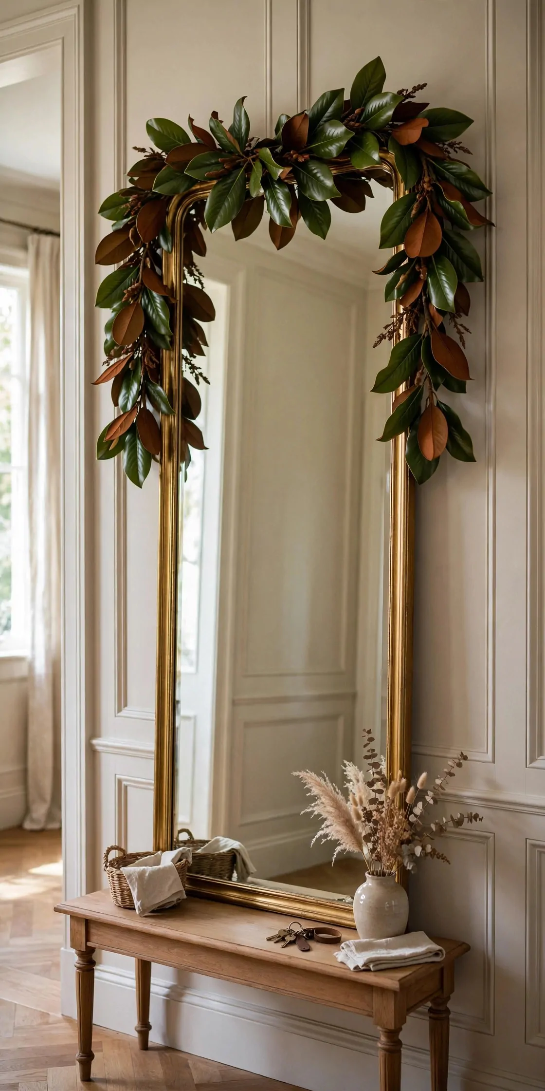 21 Christmas Garland Ideas for Staircases, Mantels and Doors 8 Magnolia leaf garland draped across the top of a tall hallway mirror