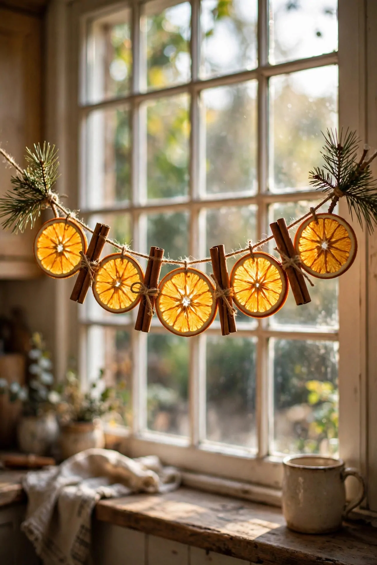 21 Christmas Garland Ideas for Staircases, Mantels and Doors 9 Handmade garland of dried orange slices and cinnamon sticks on twine across a kitchen window, light shining through the fruit