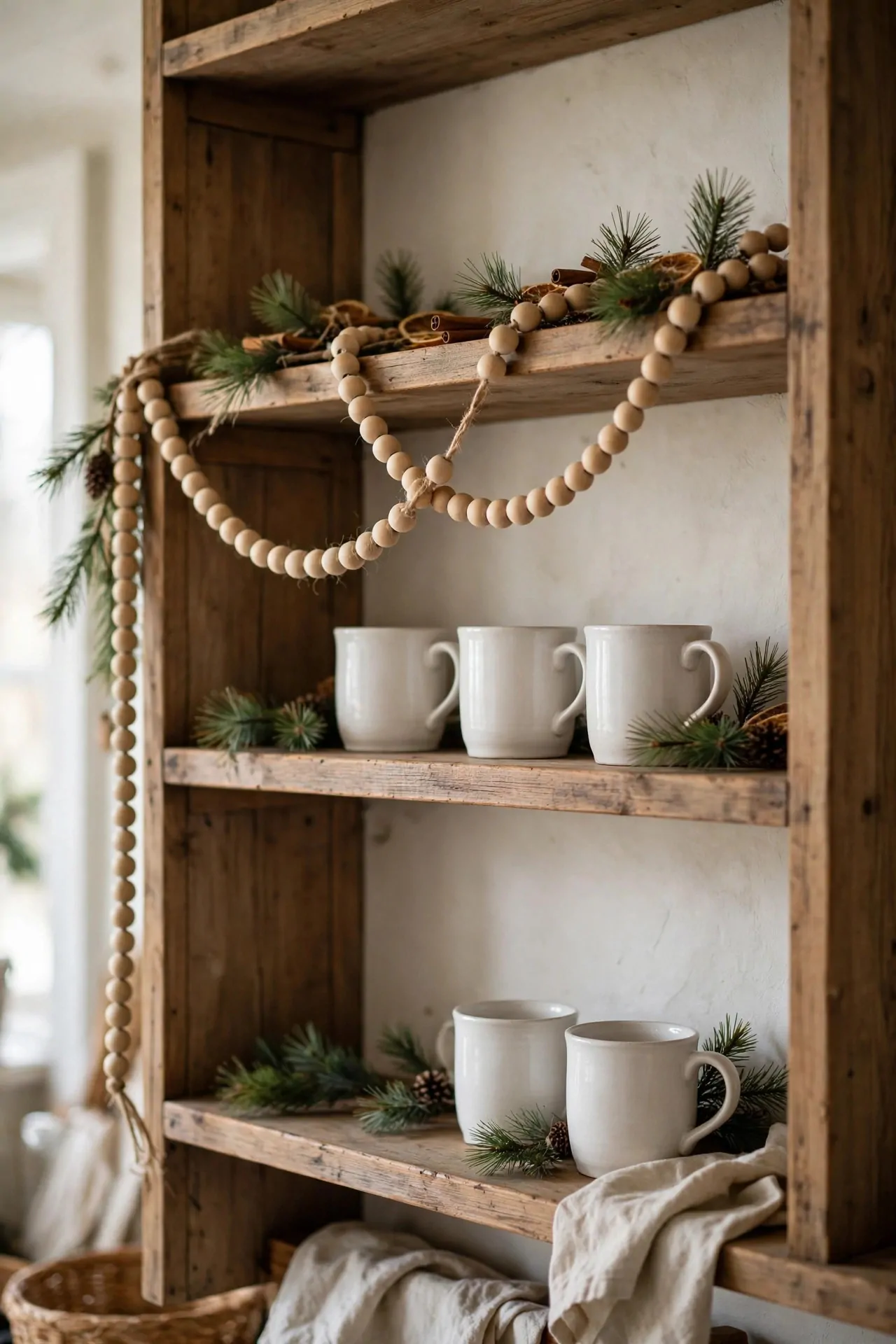 21 Christmas Garland Ideas for Staircases, Mantels and Doors 10 Open wooden kitchen shelves with a draped natural wooden bead garland, pine sprigs and white mugs