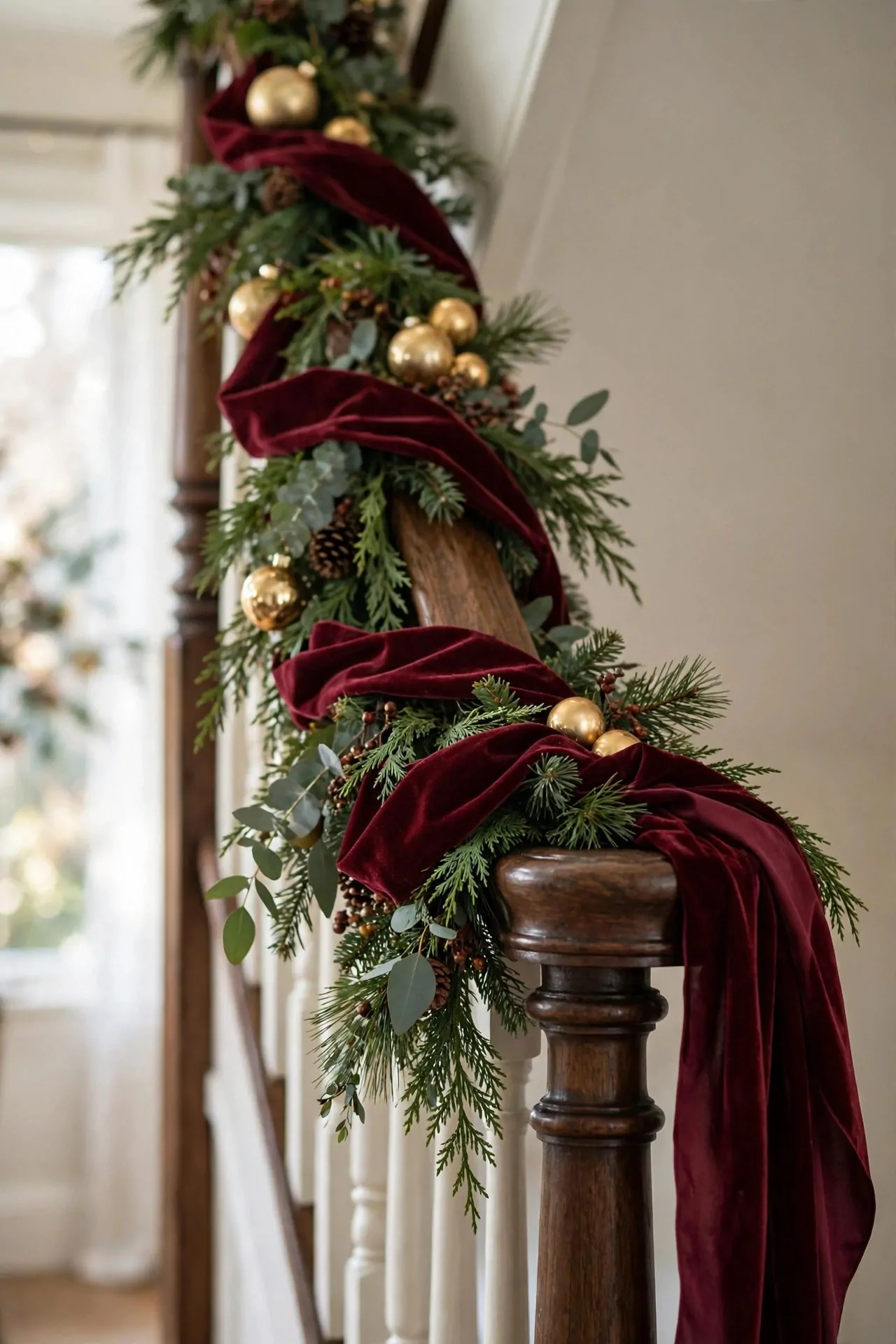 21 Christmas Garland Ideas for Staircases, Mantels and Doors 11 Christmas garland on a staircase banister with burgundy velvet ribbon woven through the greenery and gold ornaments