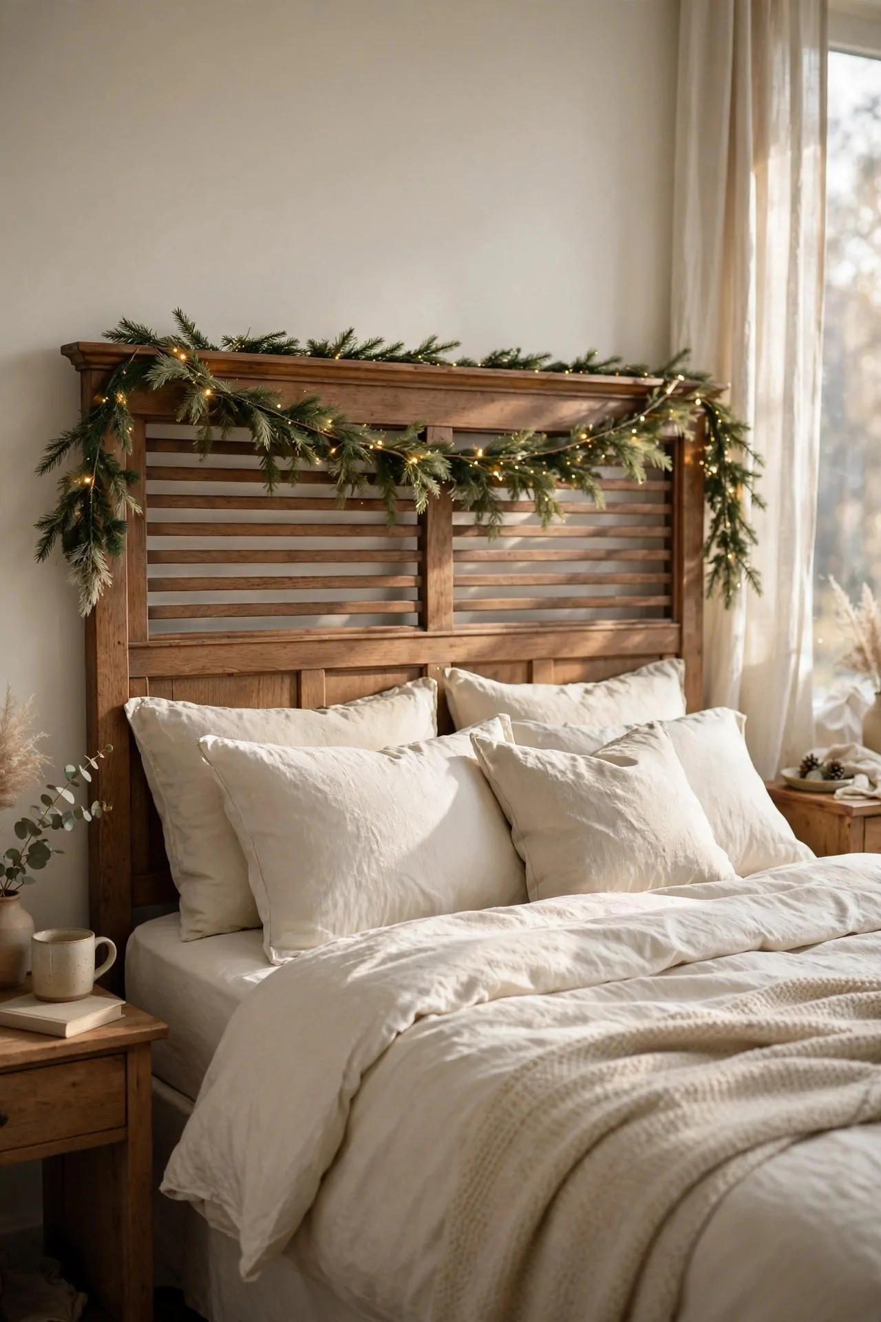 21 Christmas Garland Ideas for Staircases, Mantels and Doors 12 Cozy bedroom with a slim green Christmas garland strung across a wooden headboard with tiny fairy lights