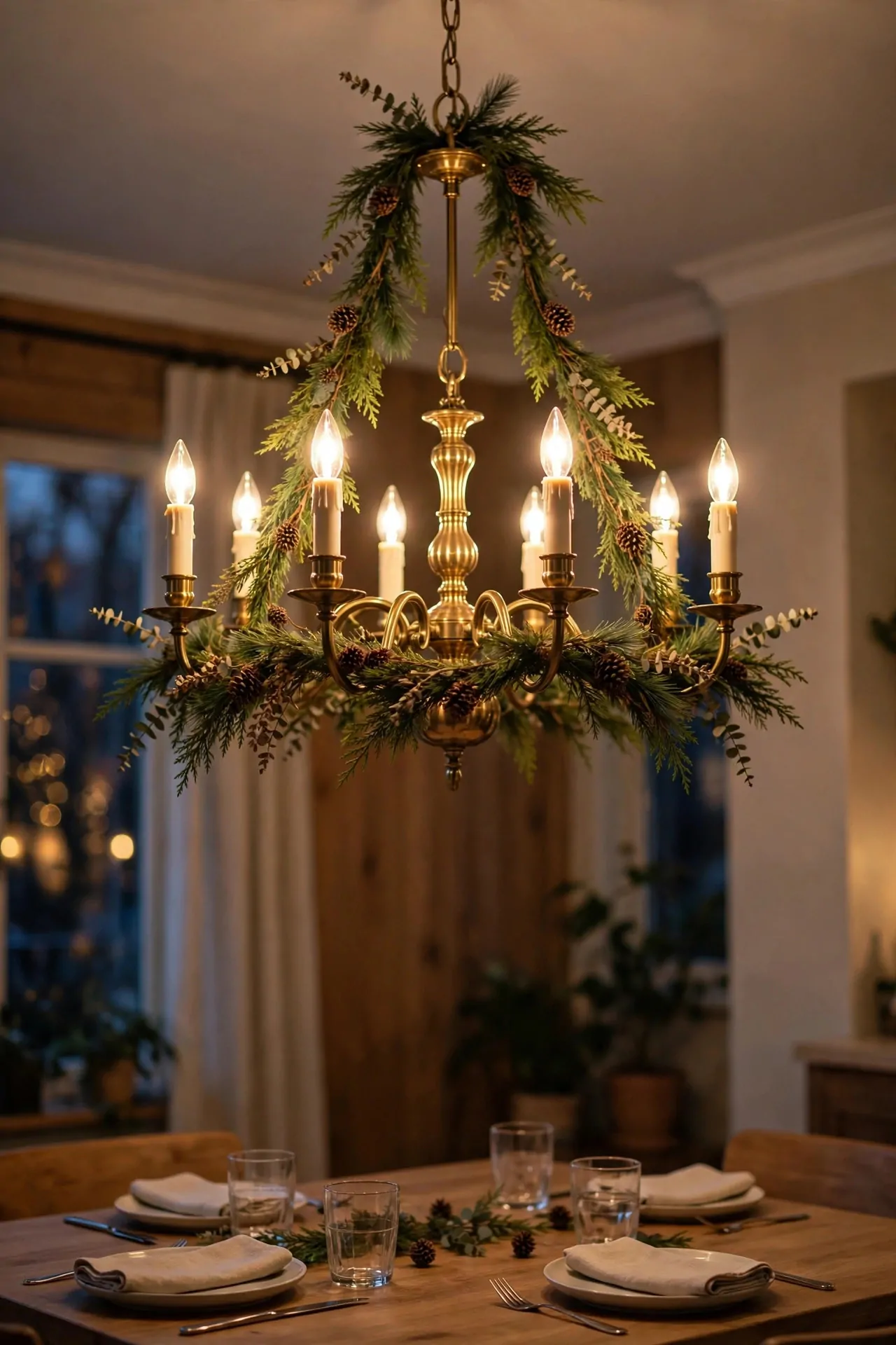 21 Christmas Garland Ideas for Staircases, Mantels and Doors 13 Brass dining room chandelier wrapped with a slim Christmas garland of greenery and pinecones, candle bulbs glowing