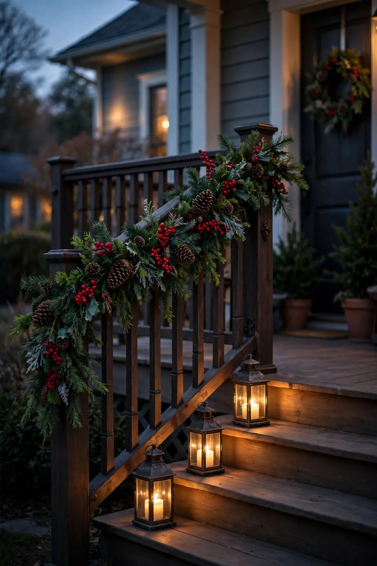 21 Christmas Garland Ideas for Staircases, Mantels and Doors 14 Front porch railing swagged with a Christmas garland of pinecones and red berries, lanterns glowing on the steps at dusk