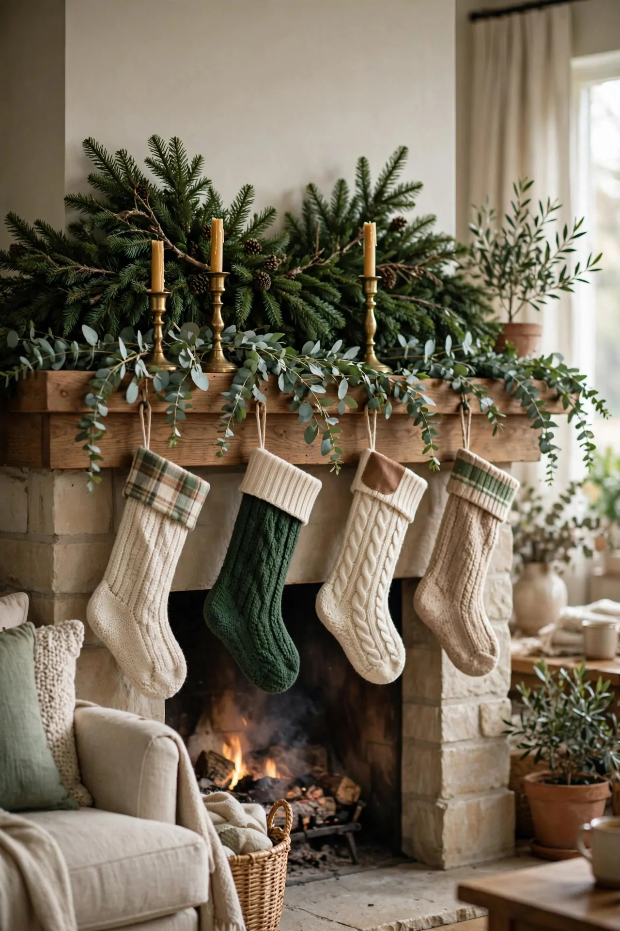 21 Christmas Garland Ideas for Staircases, Mantels and Doors 15 Wide fireplace mantel layered with two Christmas garlands, full fir behind and slimmer eucalyptus in front, brass candlesticks