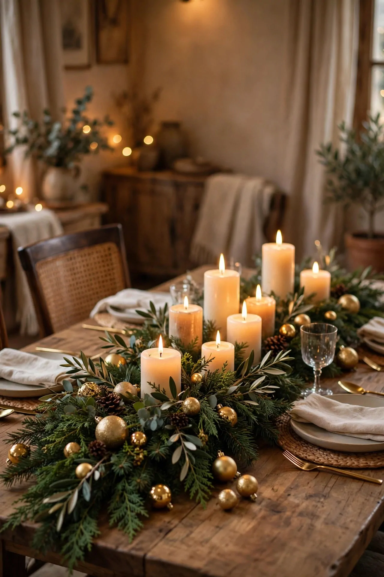 21 Christmas Garland Ideas for Staircases, Mantels and Doors 16 Christmas dining table with a lush green garland runner down the center, pillar candles and gold ornaments