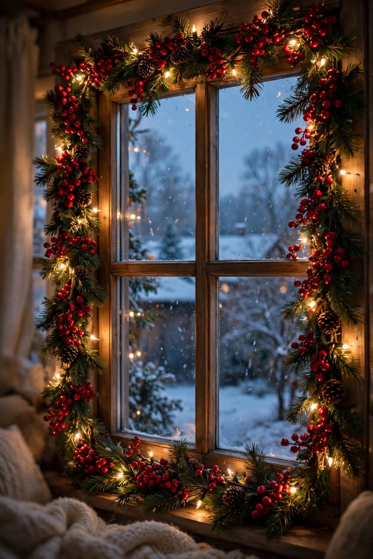 21 Christmas Garland Ideas for Staircases, Mantels and Doors 17 Window frame wrapped with a red berry Christmas garland and warm white fairy lights glowing at dusk, snow outside