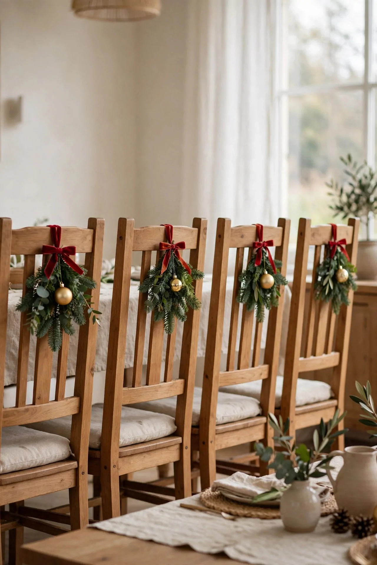 21 Christmas Garland Ideas for Staircases, Mantels and Doors 18 Dining chairs with small Christmas greenery swags tied to the backs with red ribbon bows and a gold ornament each