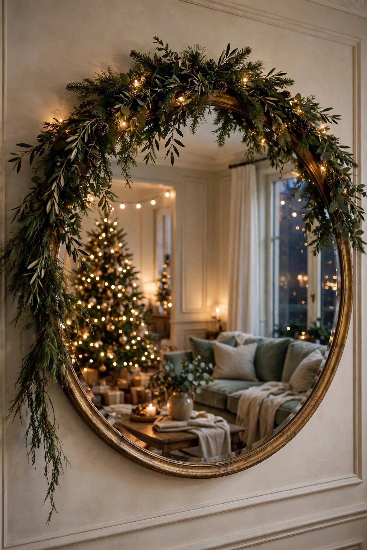 21 Christmas Garland Ideas for Staircases, Mantels and Doors 19 Large round wall mirror with a Christmas garland draped over the top, greenery reflected in the mirror