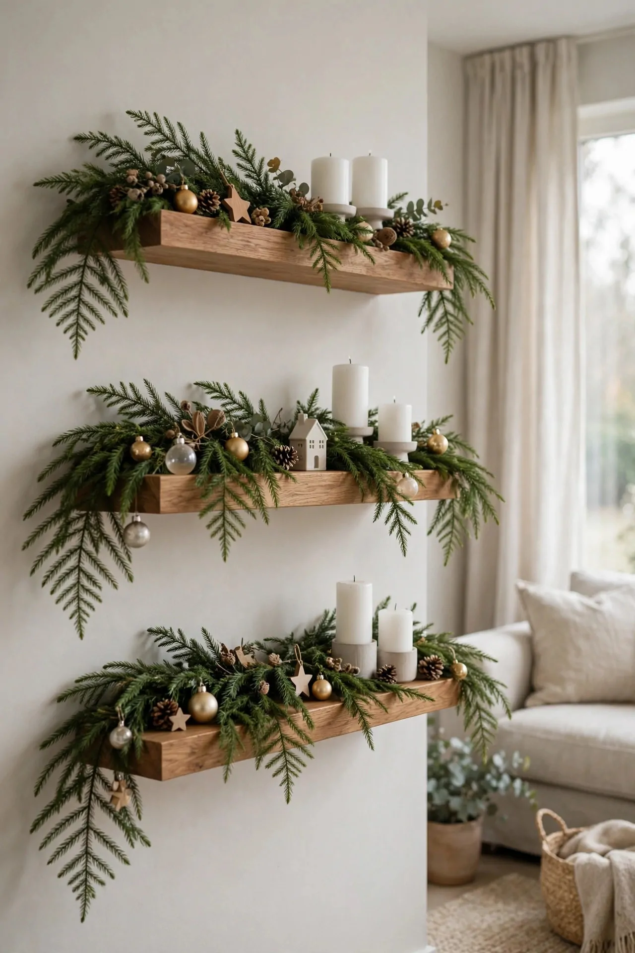 21 Christmas Garland Ideas for Staircases, Mantels and Doors 20 Floating wooden shelves decorated with a soft feathery Norfolk pine Christmas garland, white candles and ornaments
