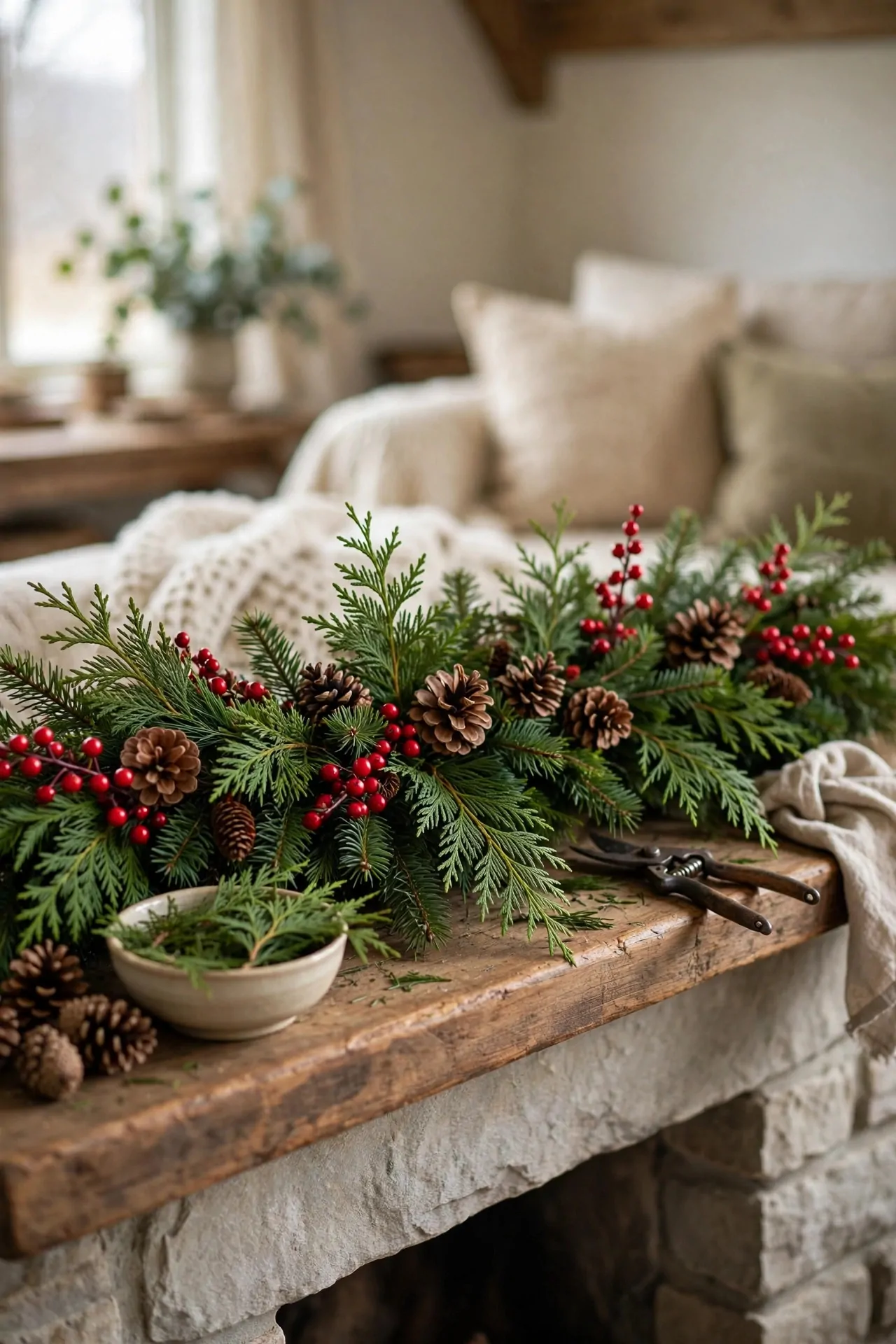 21 Christmas Garland Ideas for Staircases, Mantels and Doors 21 Christmas garland on a mantel refreshed with fresh cedar sprigs, pinecones and red berry picks tucked in
