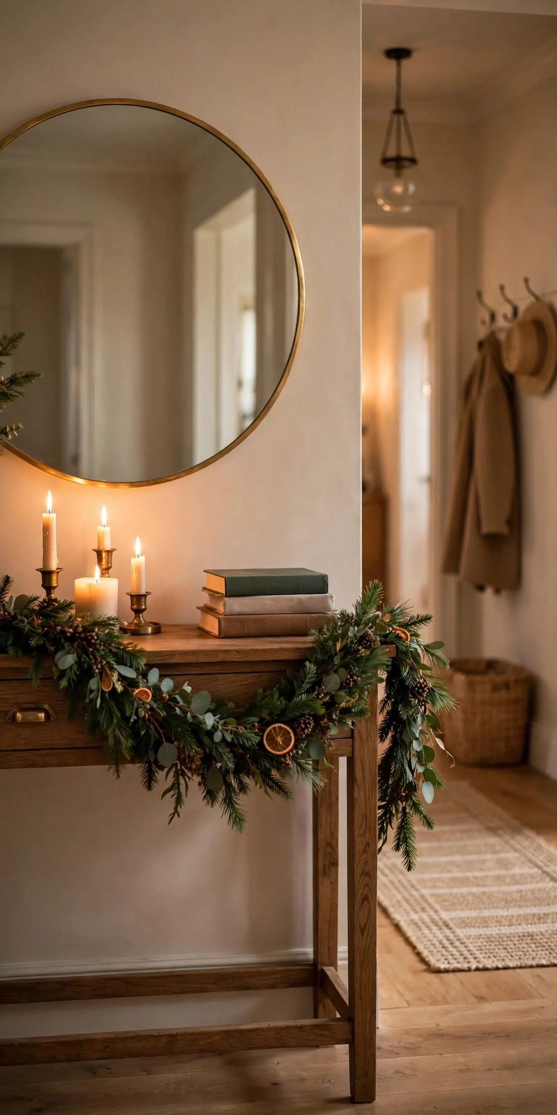 21 Christmas Garland Ideas for Staircases, Mantels and Doors 22 Entryway console table with a Christmas garland swagged along the front edge, candles and books on top, mirror above