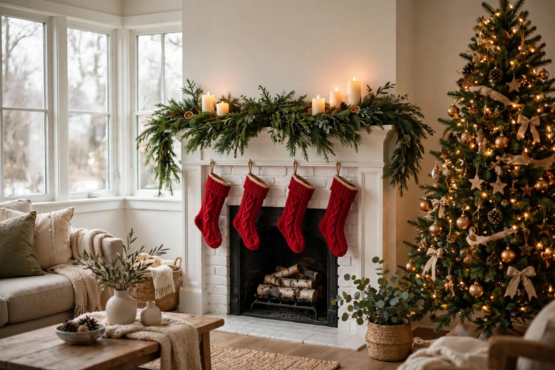 Lush Christmas garland draped over a fireplace mantel in a warm living room with soft glowing lights