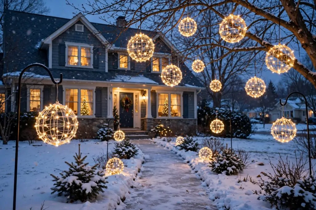 Christmas Lights Ideas 2025: 24 Creative Ways to Brighten Your Holiday Decor 26 Glowing sparkle ball light spheres hanging along a snowy front walkway at dusk