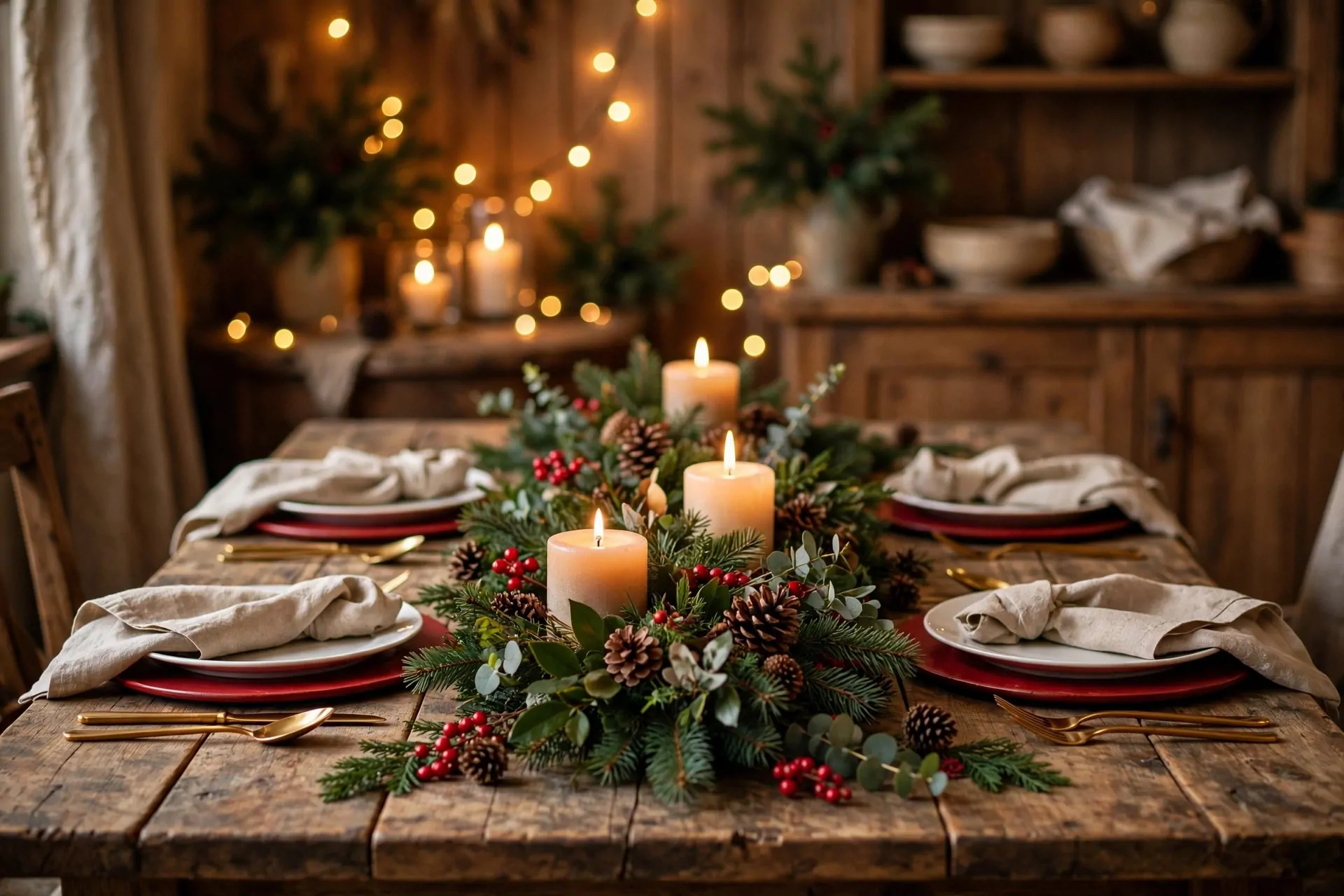 Warm rustic Christmas dining table with a linen tablecloth base, red chargers, white plates, gold cutlery, and an evergreen centerpiece with candles