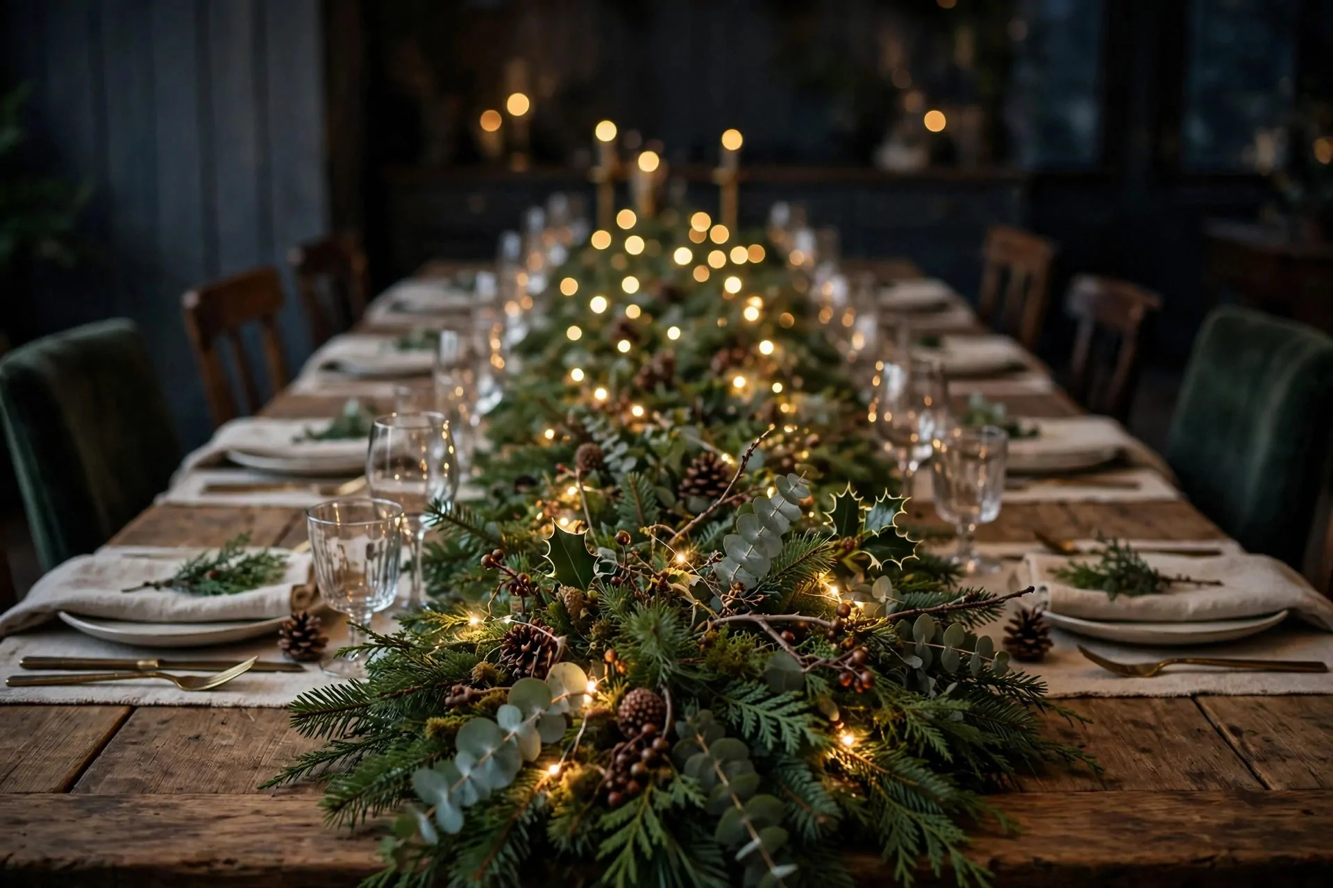 24 Christmas Table Setting Ideas for a Stunning Holiday Feast 24 Warm white fairy lights woven through fresh evergreen garland on a Christmas table