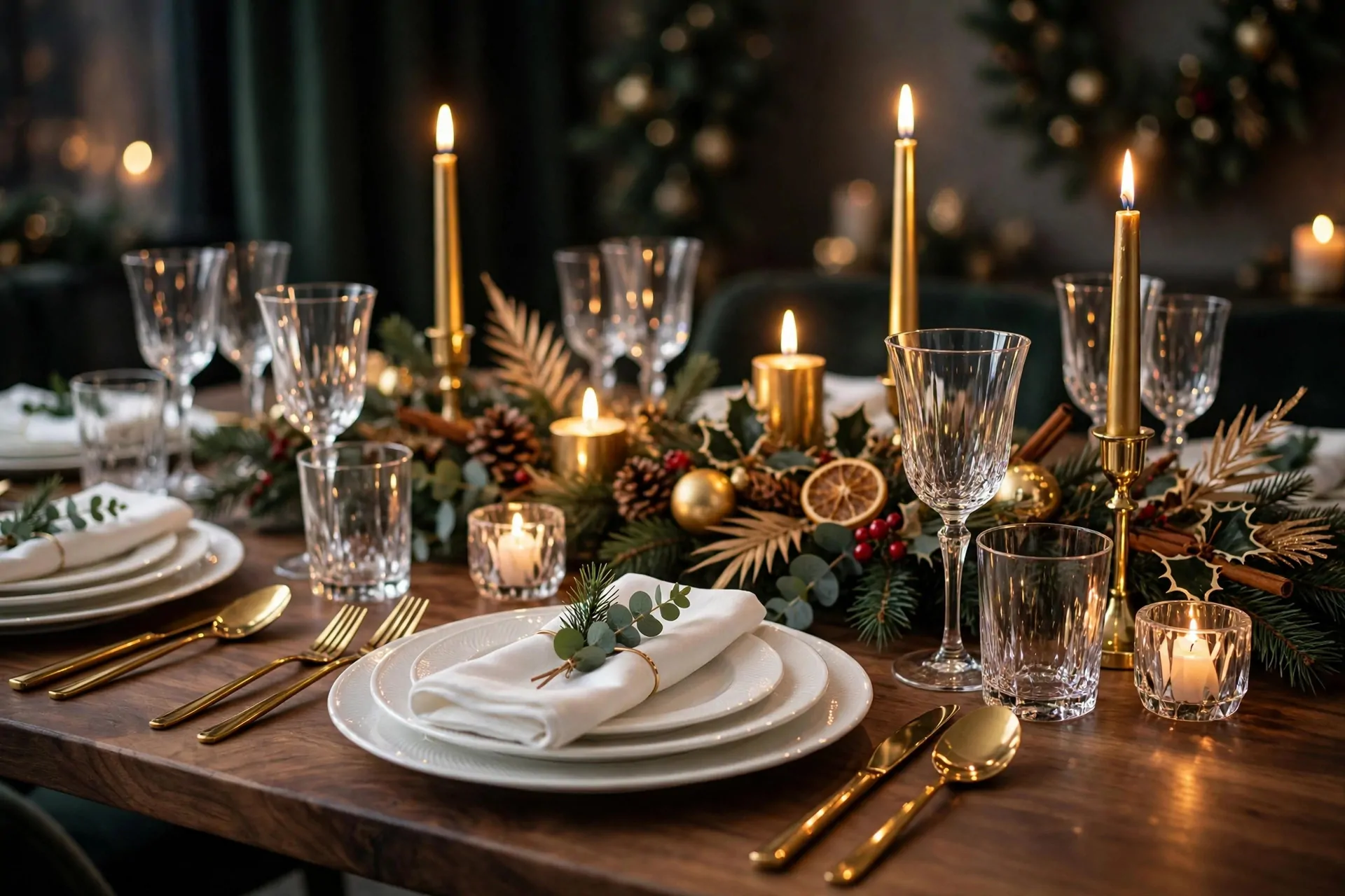 24 Christmas Table Setting Ideas for a Stunning Holiday Feast 17 Christmas table setting with gold flatware, white plates, and candlelight