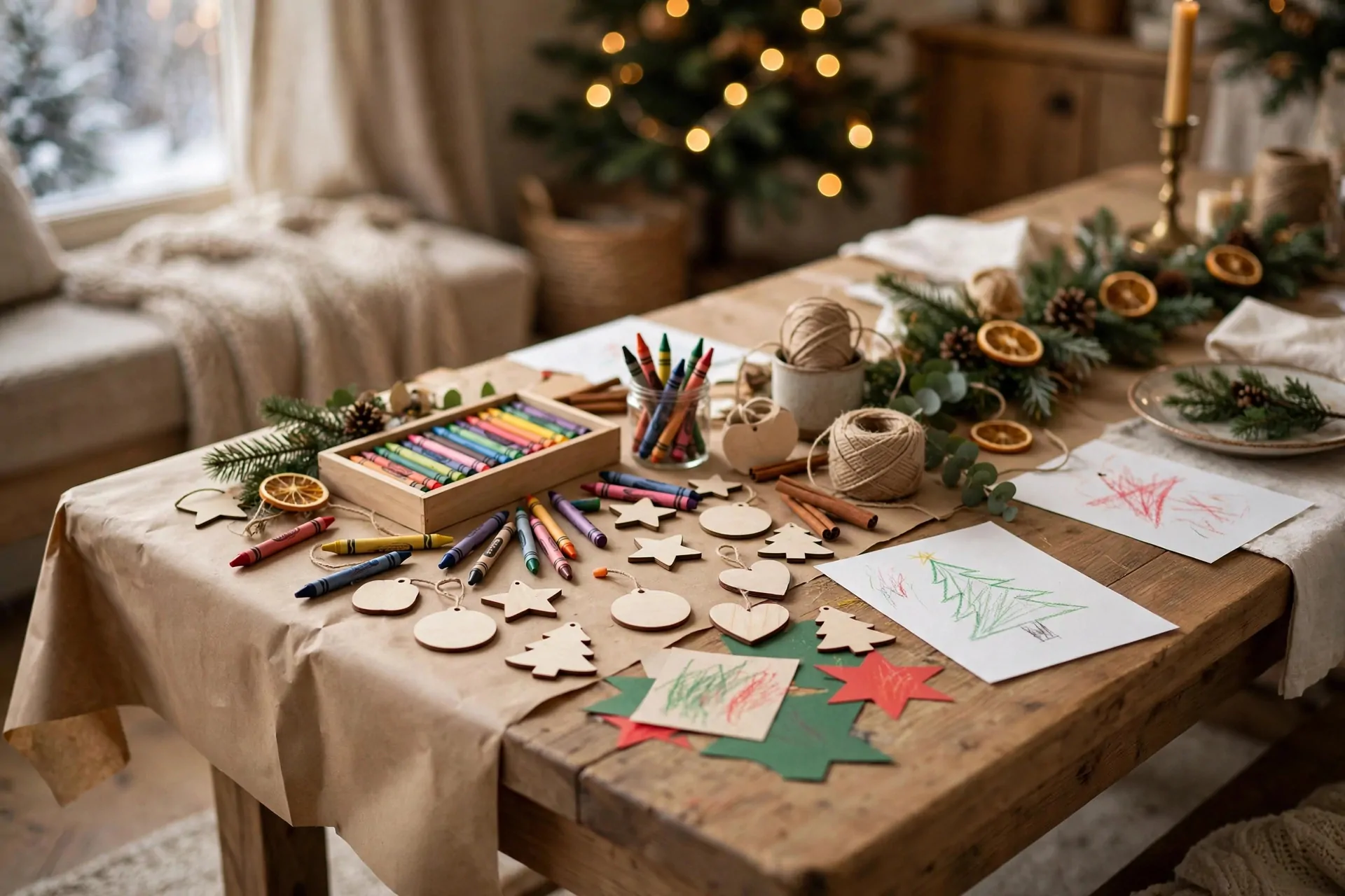 24 Christmas Table Setting Ideas for a Stunning Holiday Feast 19 Kids craft corner at the end of a Christmas dining table with paper, crayons, and ornaments to decorate