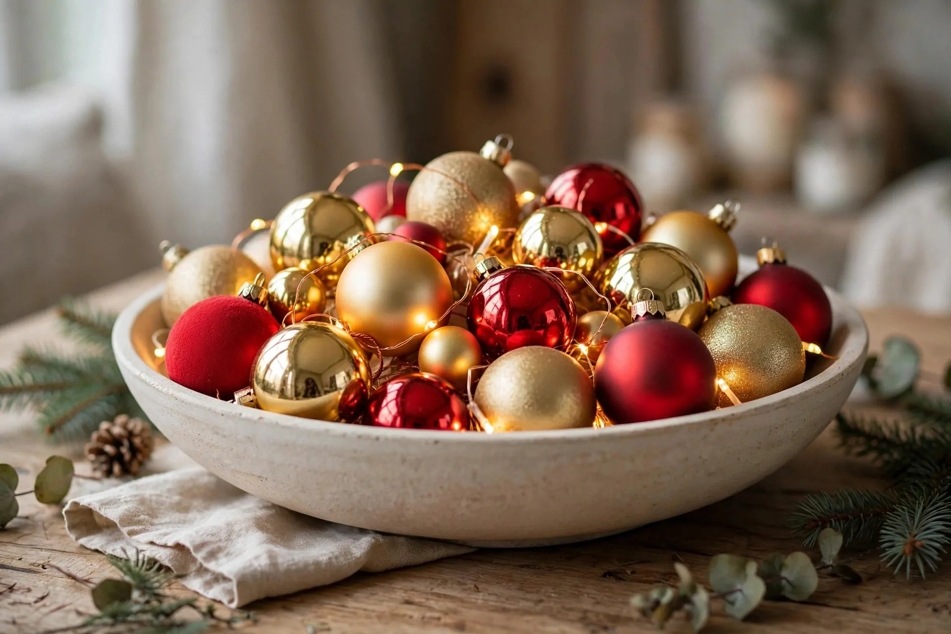 24 Christmas Table Setting Ideas for a Stunning Holiday Feast 21 Wide shallow bowl filled with shiny Christmas ornaments with fairy lights nestled among them