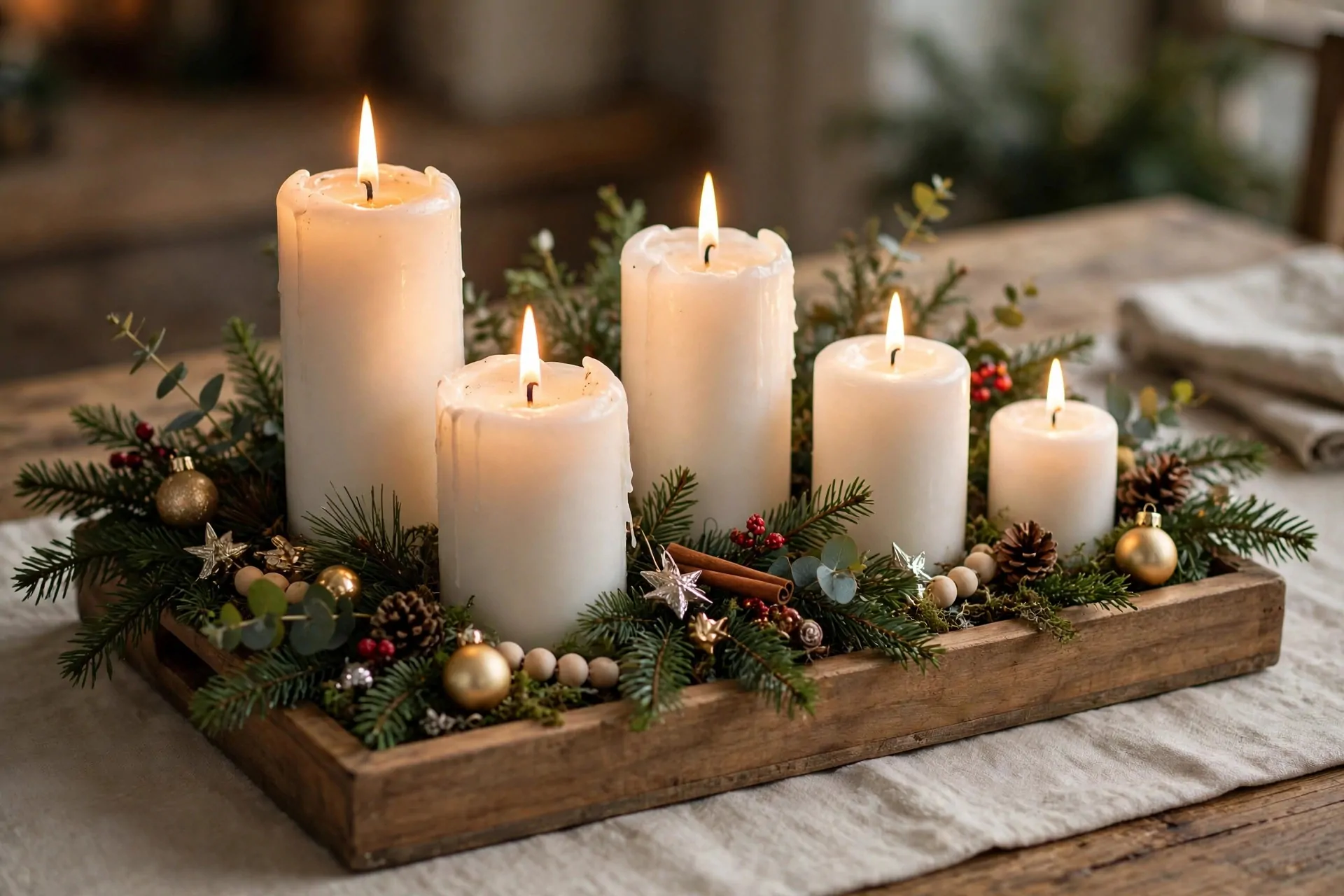 24 Christmas Table Setting Ideas for a Stunning Holiday Feast 16 Wooden tray filled with pillar candles of different heights surrounded by greenery and ornaments