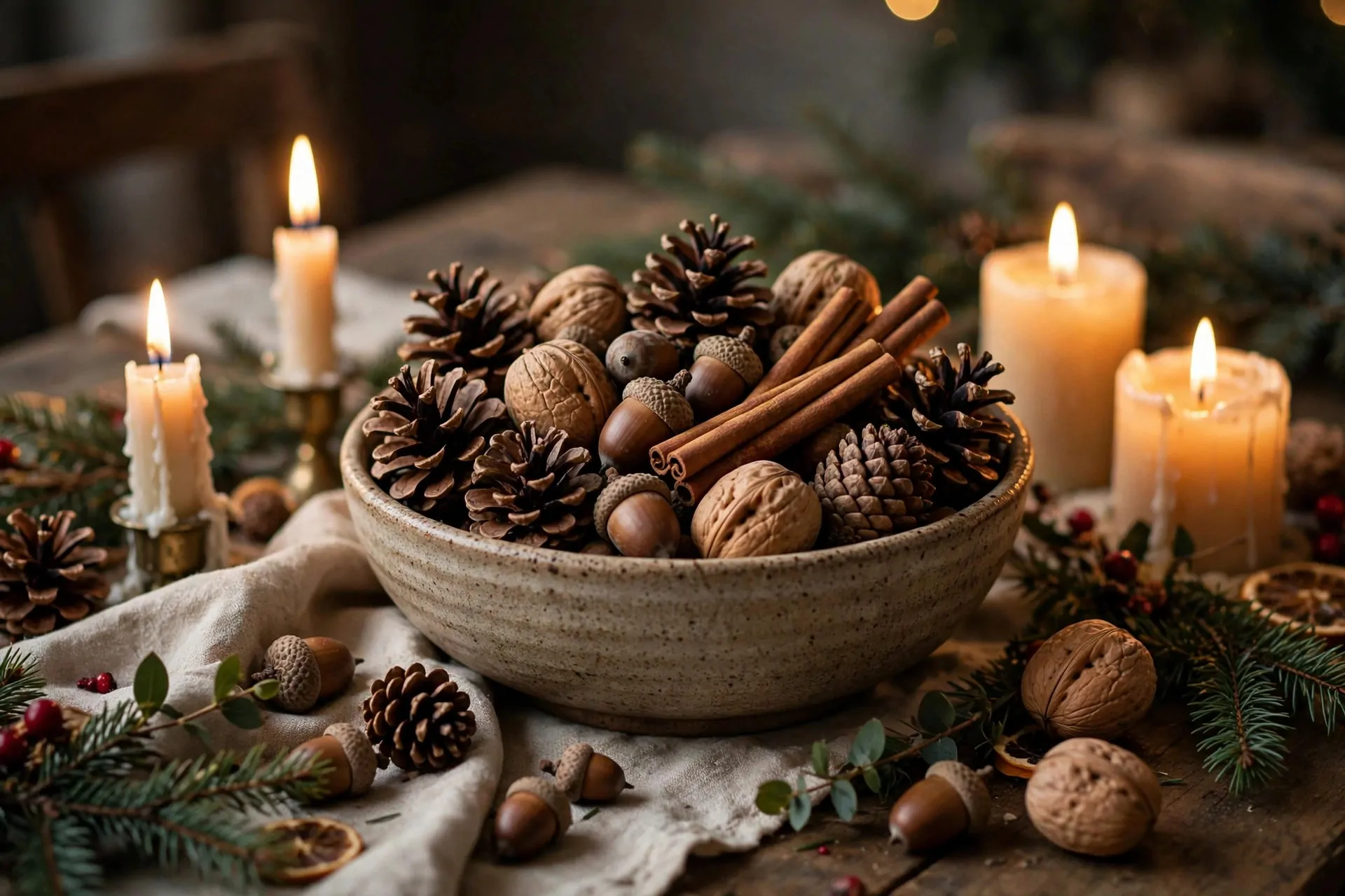 24 Christmas Table Setting Ideas for a Stunning Holiday Feast 14 Bowl filled with pinecones, acorns, and cinnamon sticks surrounded by lit candles on a Christmas table