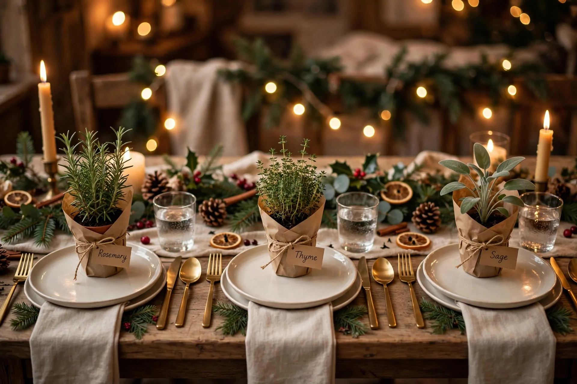 24 Christmas Table Setting Ideas for a Stunning Holiday Feast 15 Small potted rosemary, thyme, and sage herbs wrapped in brown paper at Christmas table place settings
