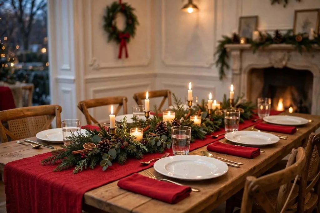 24 Christmas Table Setting Ideas for a Stunning Holiday Feast 9 Christmas table setting in a classic red and white palette with white dishes, red runner, and green garland