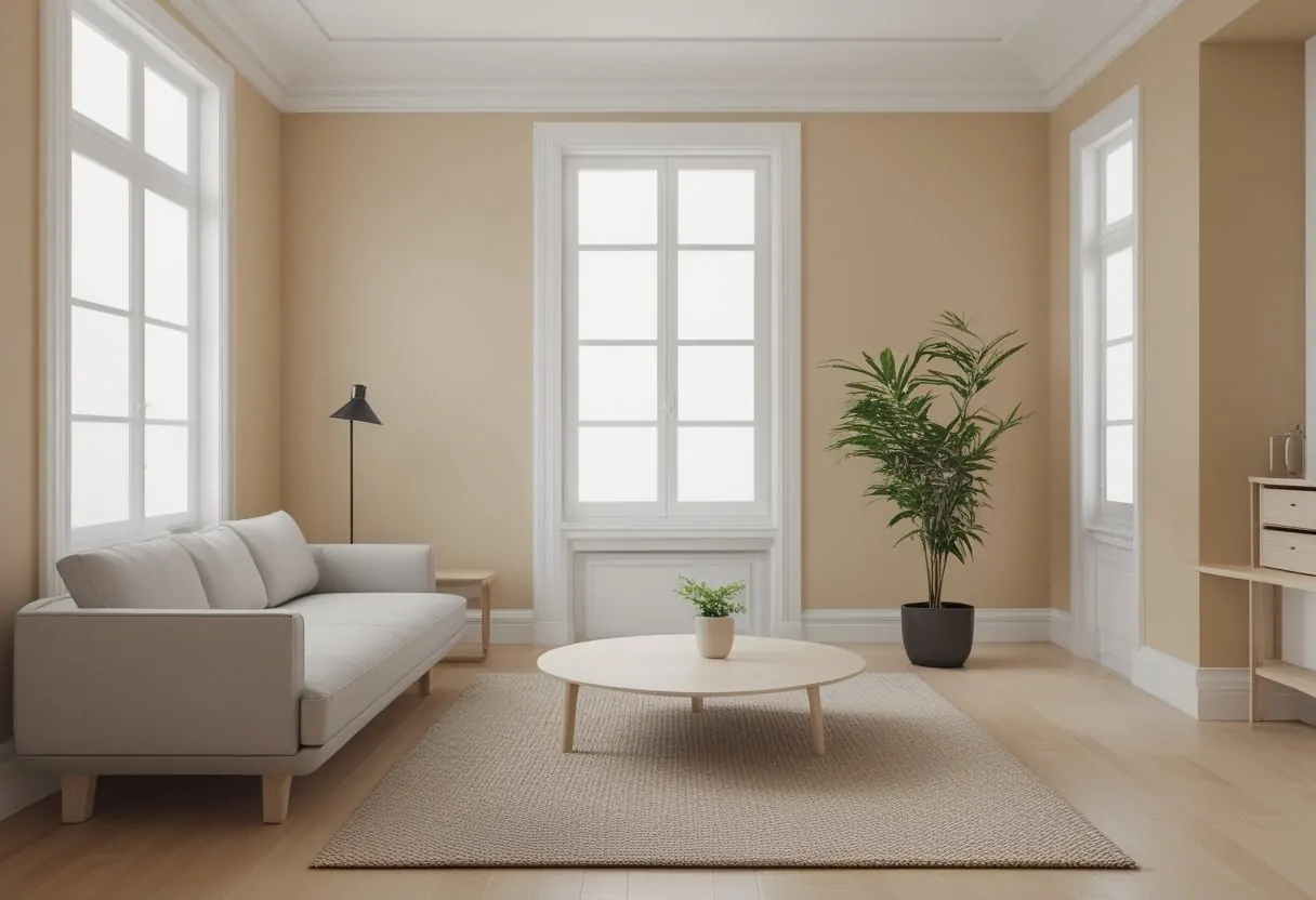 Minimalist living room ideas with warm beige walls, gray linen sofa and wooden coffee table