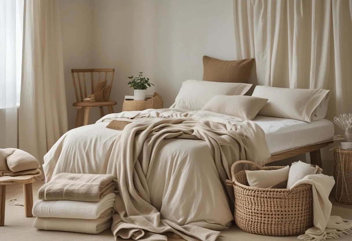 Natural linen duvet cover and organic cotton bedding in a bright cozy bedroom