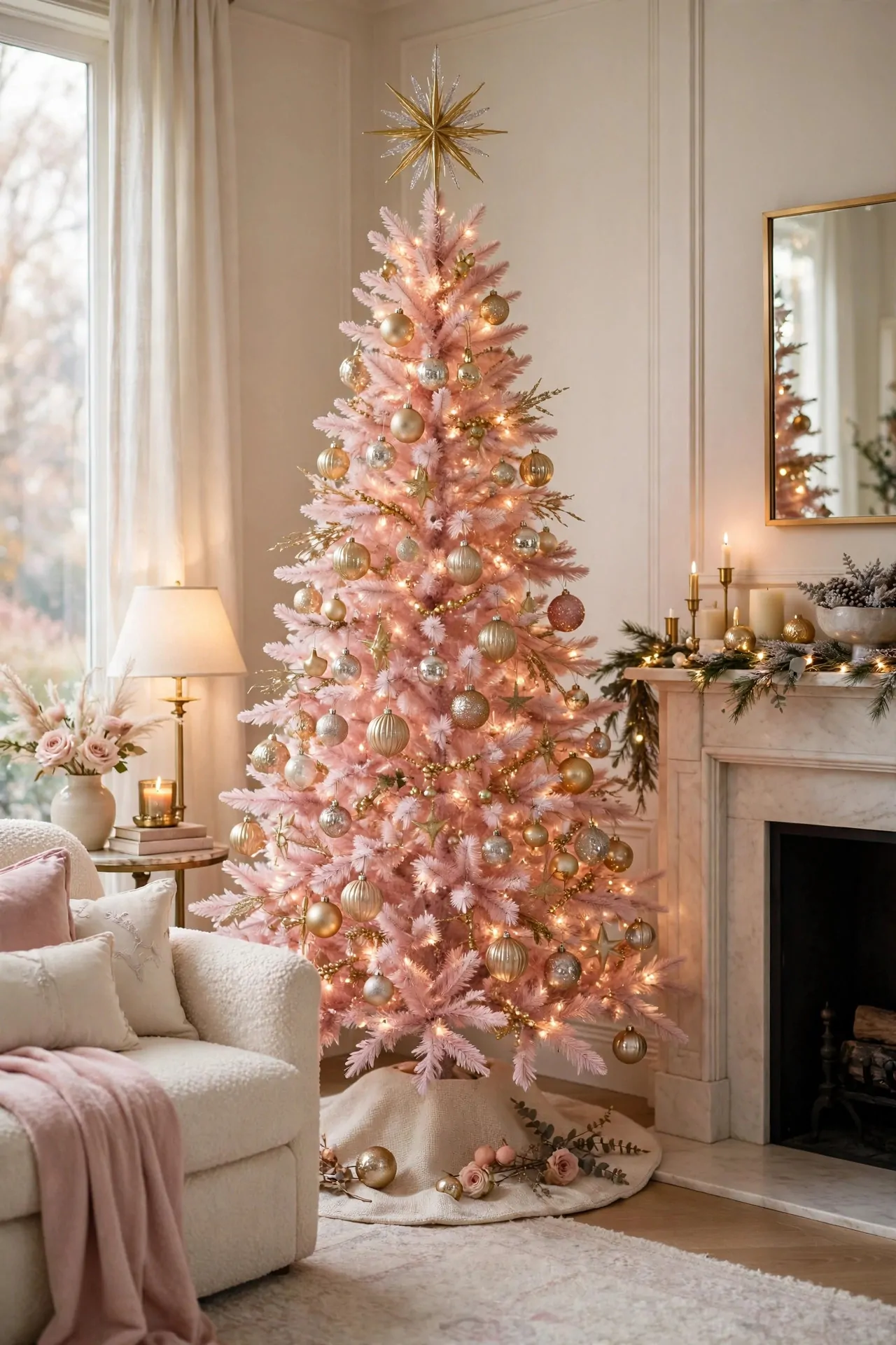 21 Pink Christmas Decor Ideas (Trees, Mantels and More) 2 Blush pink Christmas tree decorated with gold and champagne ornaments in a living room