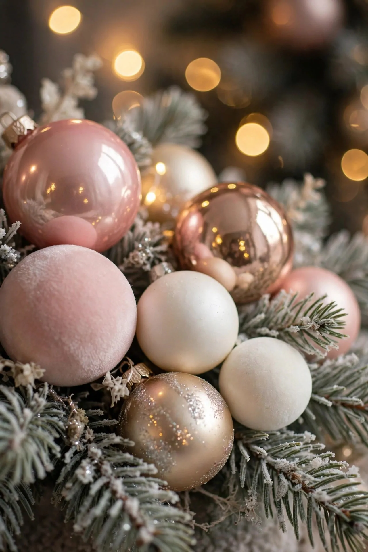 21 Pink Christmas Decor Ideas (Trees, Mantels and More) 3 Close-up of pink, rose gold and white baubles clustered on a Christmas tree branch