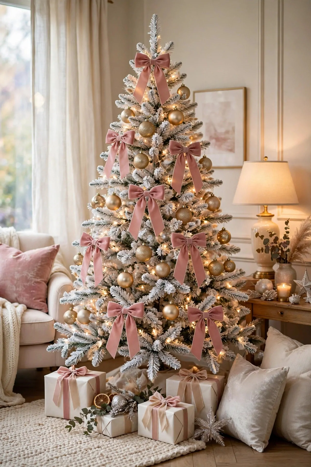 21 Pink Christmas Decor Ideas (Trees, Mantels and More) 4 Dusty pink velvet bows tied on a white Christmas tree