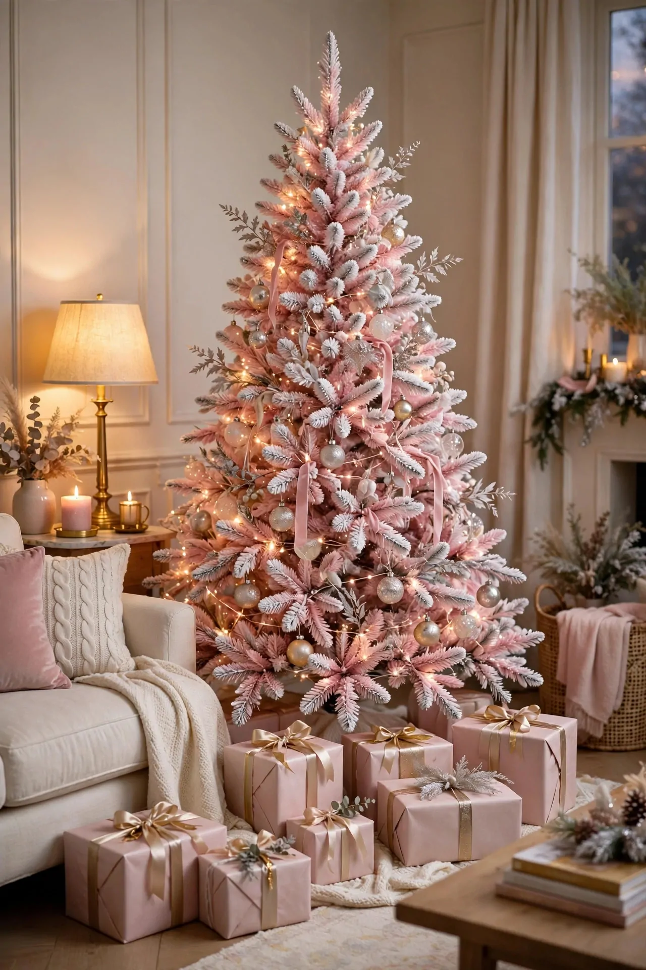 21 Pink Christmas Decor Ideas (Trees, Mantels and More) 5 Pink flocked Christmas tree with snowy tips and rose gold lights