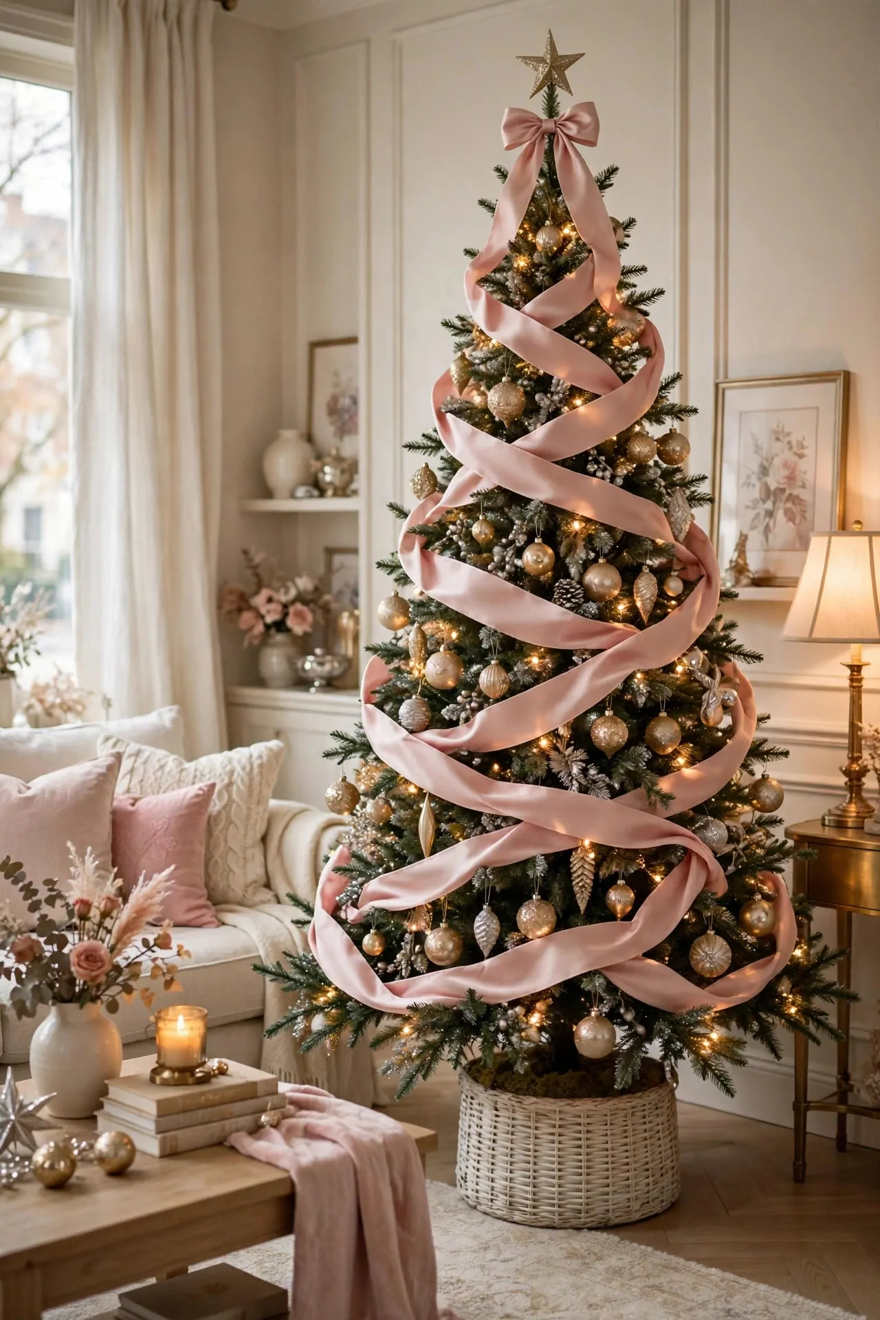 21 Pink Christmas Decor Ideas (Trees, Mantels and More) 6 Blush pink ribbon cascading down a decorated Christmas tree