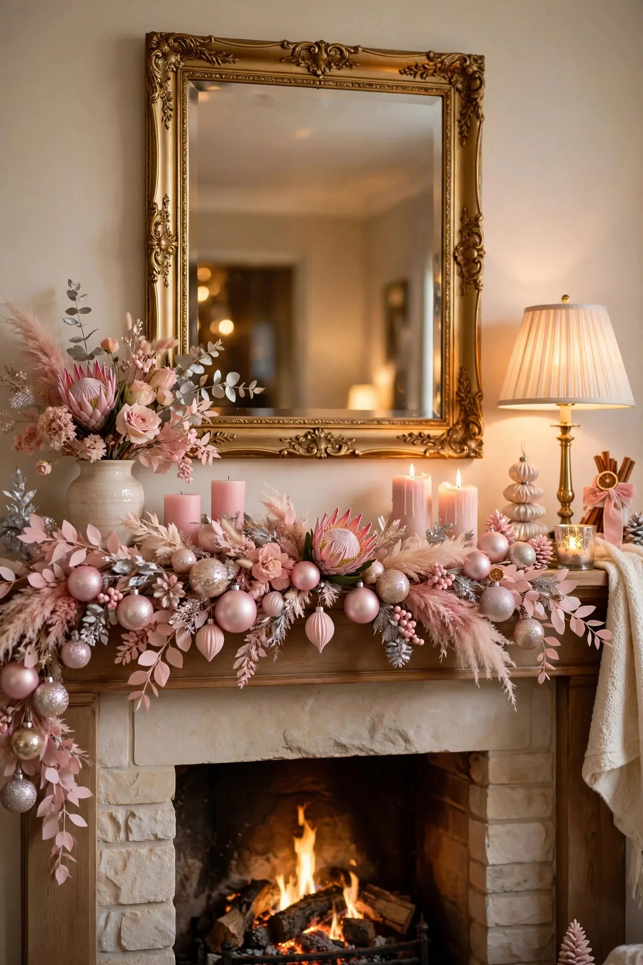21 Pink Christmas Decor Ideas (Trees, Mantels and More) 7 Christmas mantel decorated with blush pink garland, pink candles and a gold-framed mirror