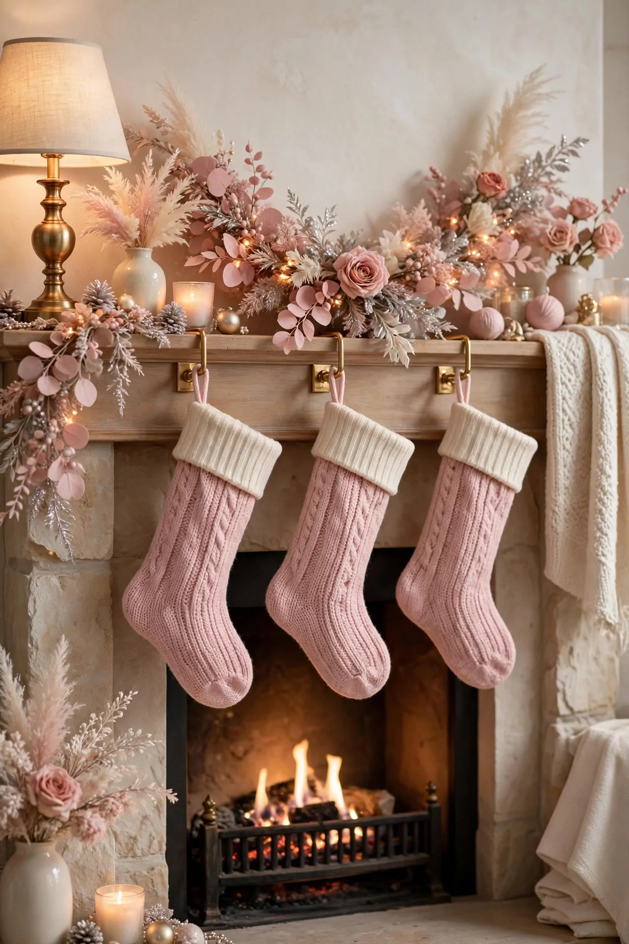 21 Pink Christmas Decor Ideas (Trees, Mantels and More) 8 Pink knit Christmas stockings hanging from a decorated mantel