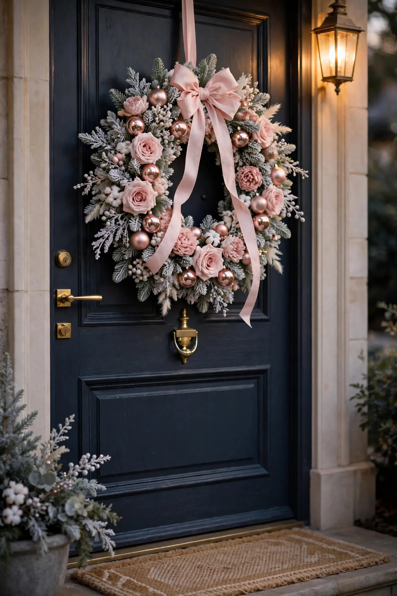 21 Pink Christmas Decor Ideas (Trees, Mantels and More) 9 Blush pink Christmas wreath with rose gold ornaments on a front door