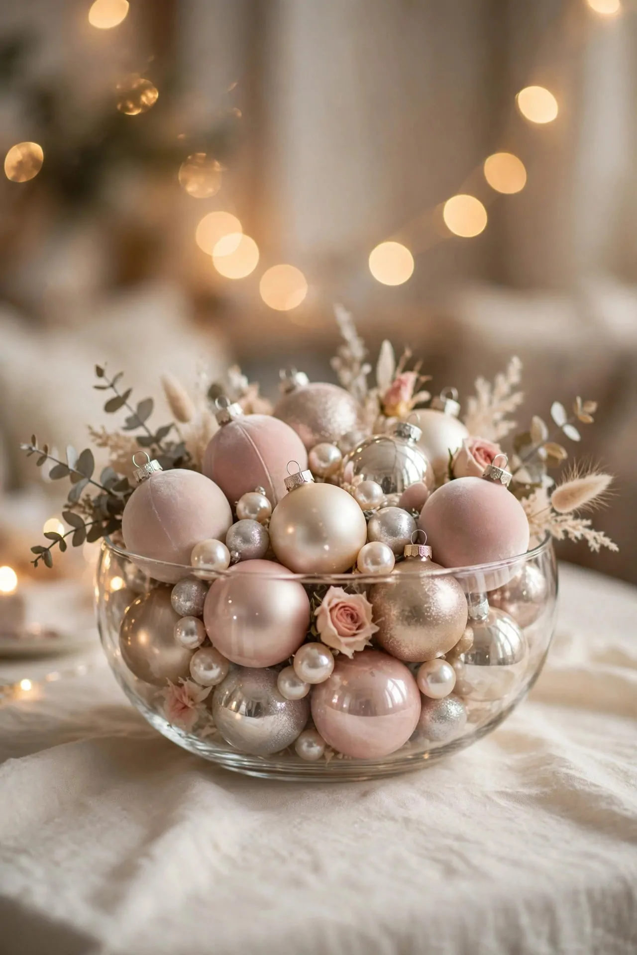 21 Pink Christmas Decor Ideas (Trees, Mantels and More) 11 Glass bowl filled with pink and pearl ornaments as a table centerpiece