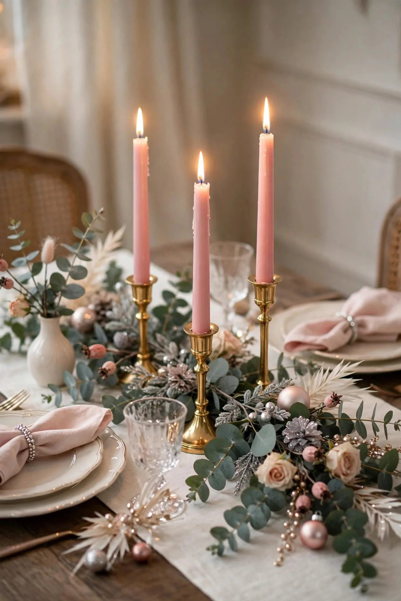 21 Pink Christmas Decor Ideas (Trees, Mantels and More) 12 Pink taper candles in gold holders with sprigs of eucalyptus on a table
