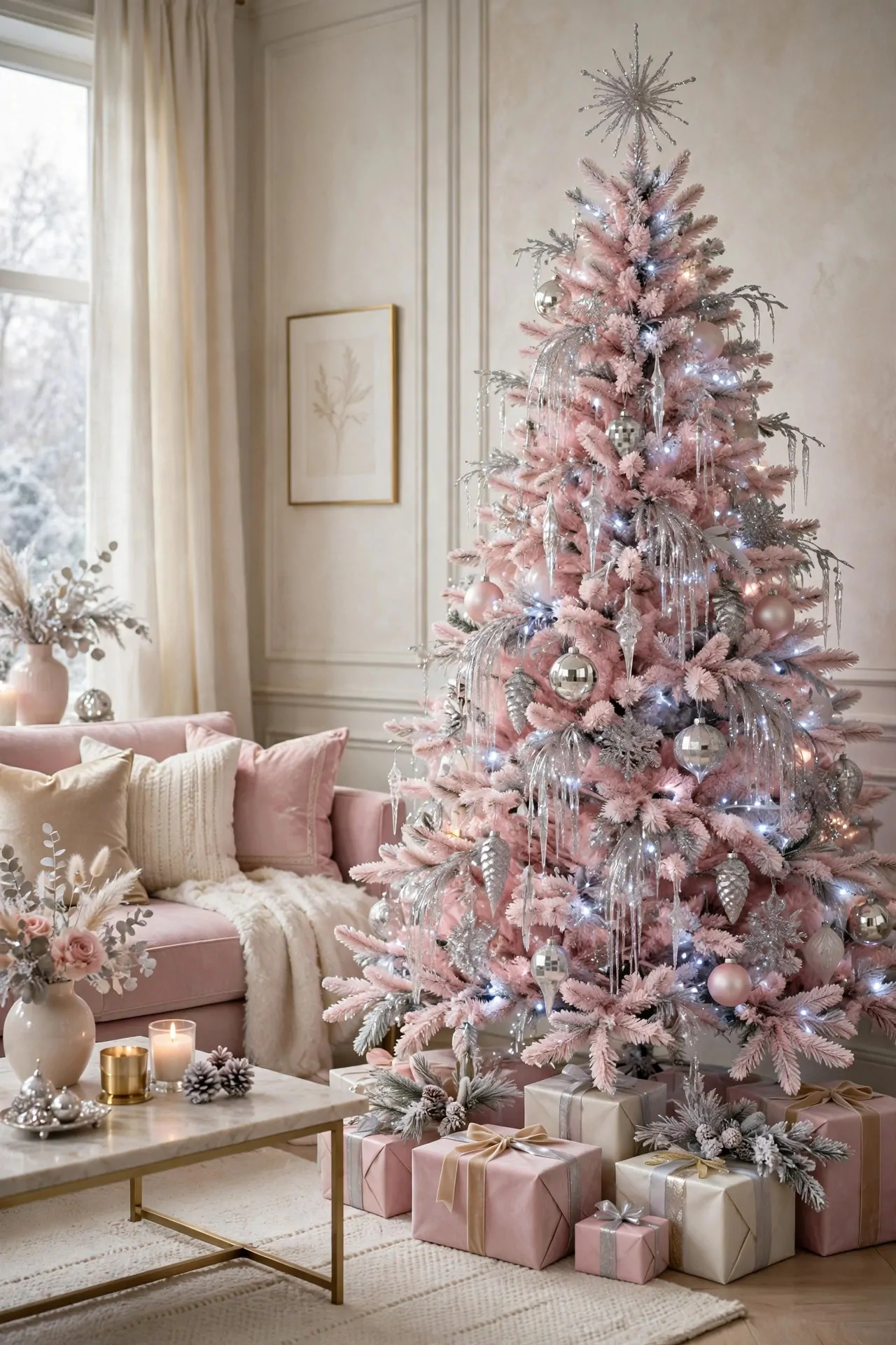 21 Pink Christmas Decor Ideas (Trees, Mantels and More) 13 Pink and silver Christmas tree with icy silver ornaments and white lights