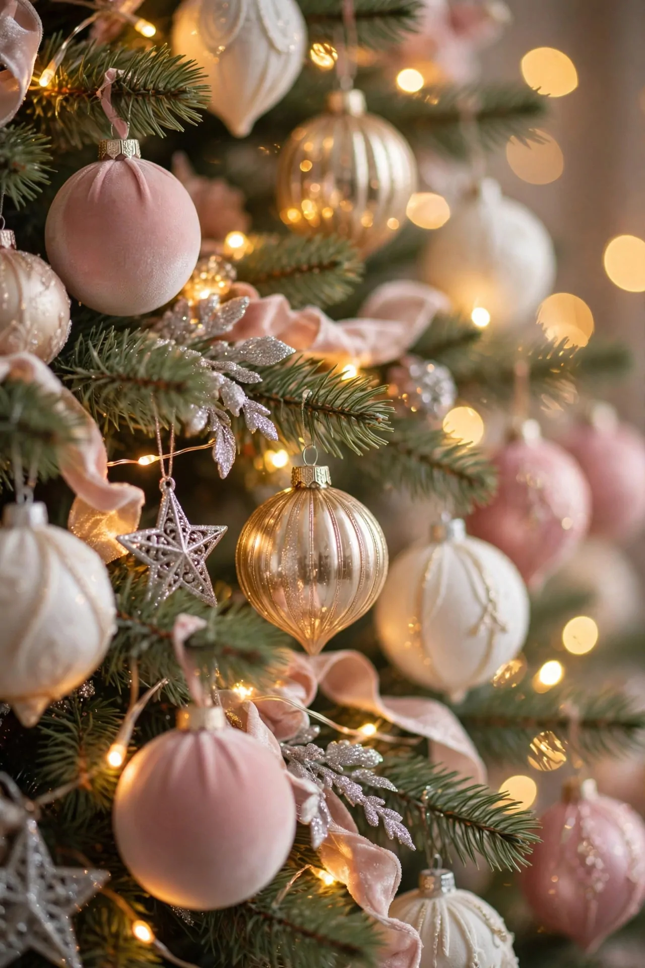 21 Pink Christmas Decor Ideas (Trees, Mantels and More) 14 Fairy string lights glowing among blush pink ornaments on a Christmas tree