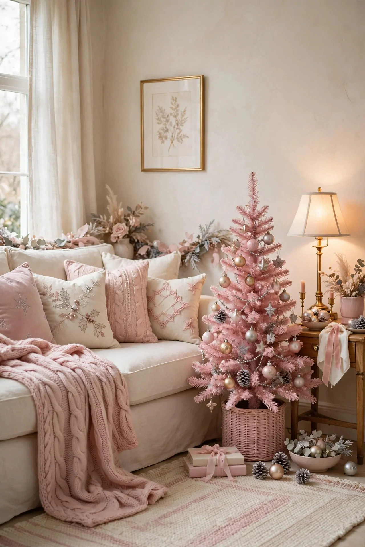 21 Pink Christmas Decor Ideas (Trees, Mantels and More) 15 Cozy sofa with blush pink and cream Christmas throw pillows and a pink knit blanket