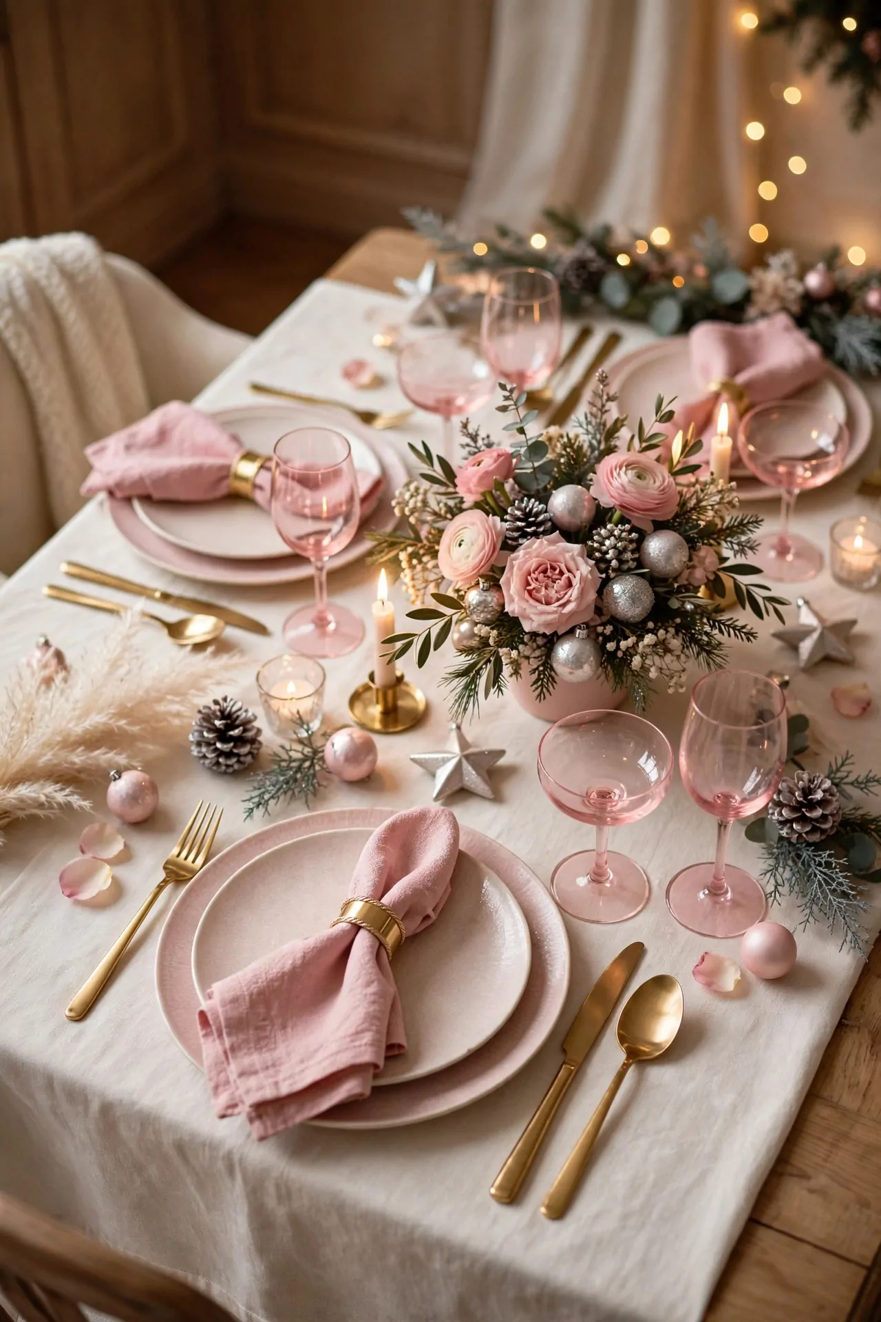 21 Pink Christmas Decor Ideas (Trees, Mantels and More) 16 Festive table setting with blush pink chargers, pink napkins and gold flatware