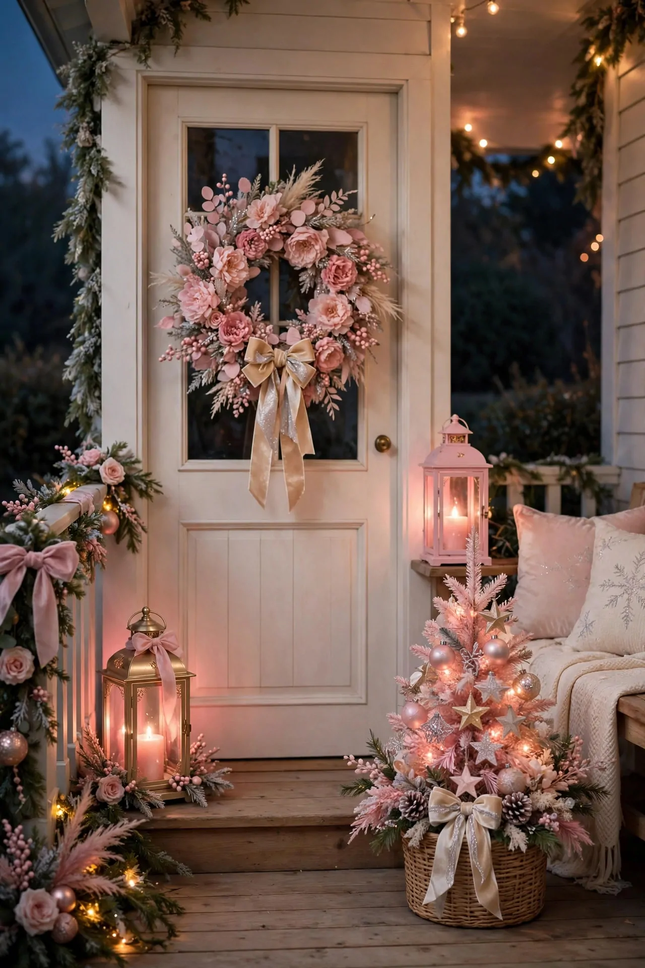 21 Pink Christmas Decor Ideas (Trees, Mantels and More) 17 Front porch decorated for Christmas with a pink wreath, pink lanterns and a small pink tree