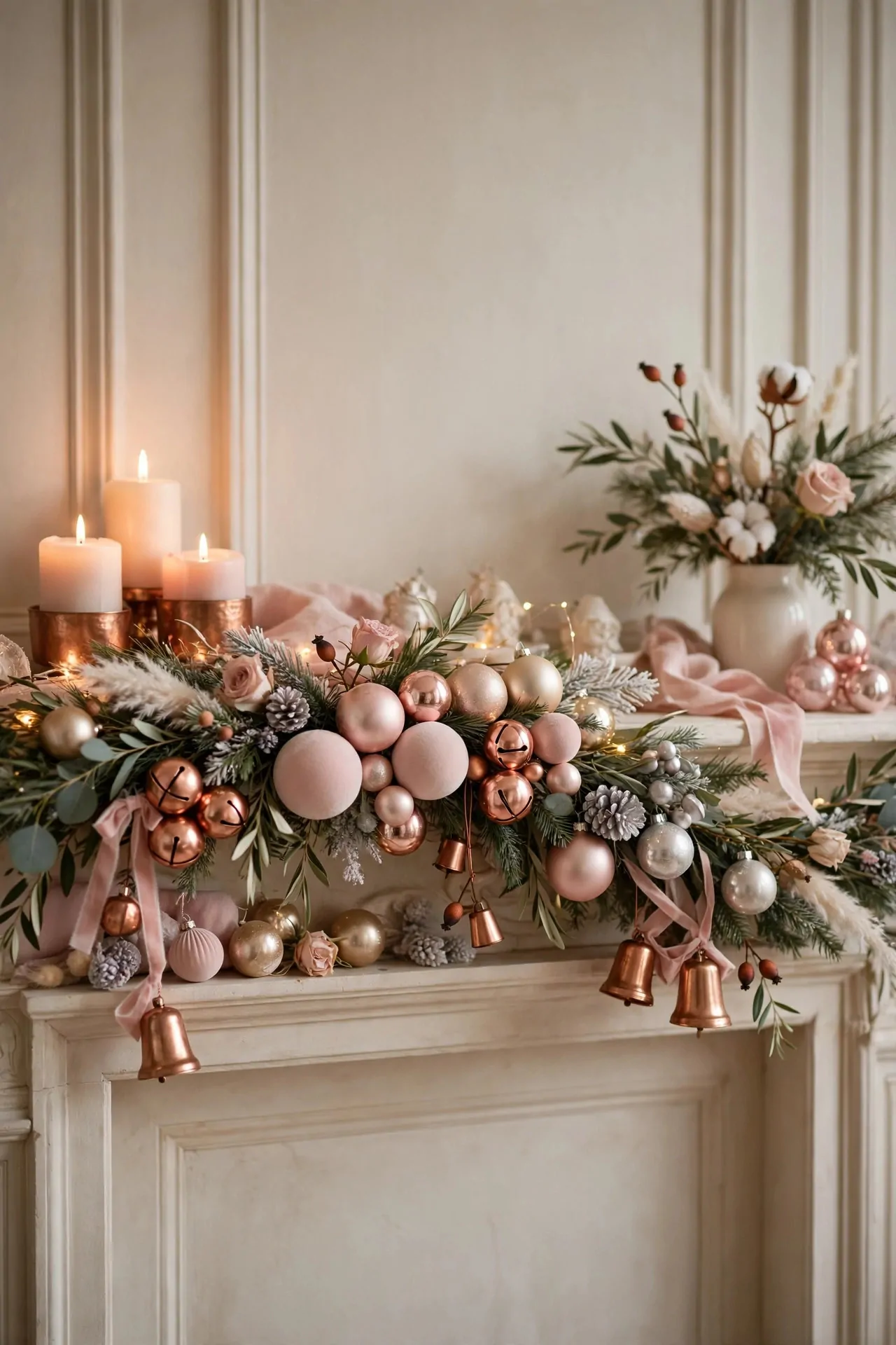 21 Pink Christmas Decor Ideas (Trees, Mantels and More) 18 Pink and copper Christmas decorations including copper bells and rose gold baubles