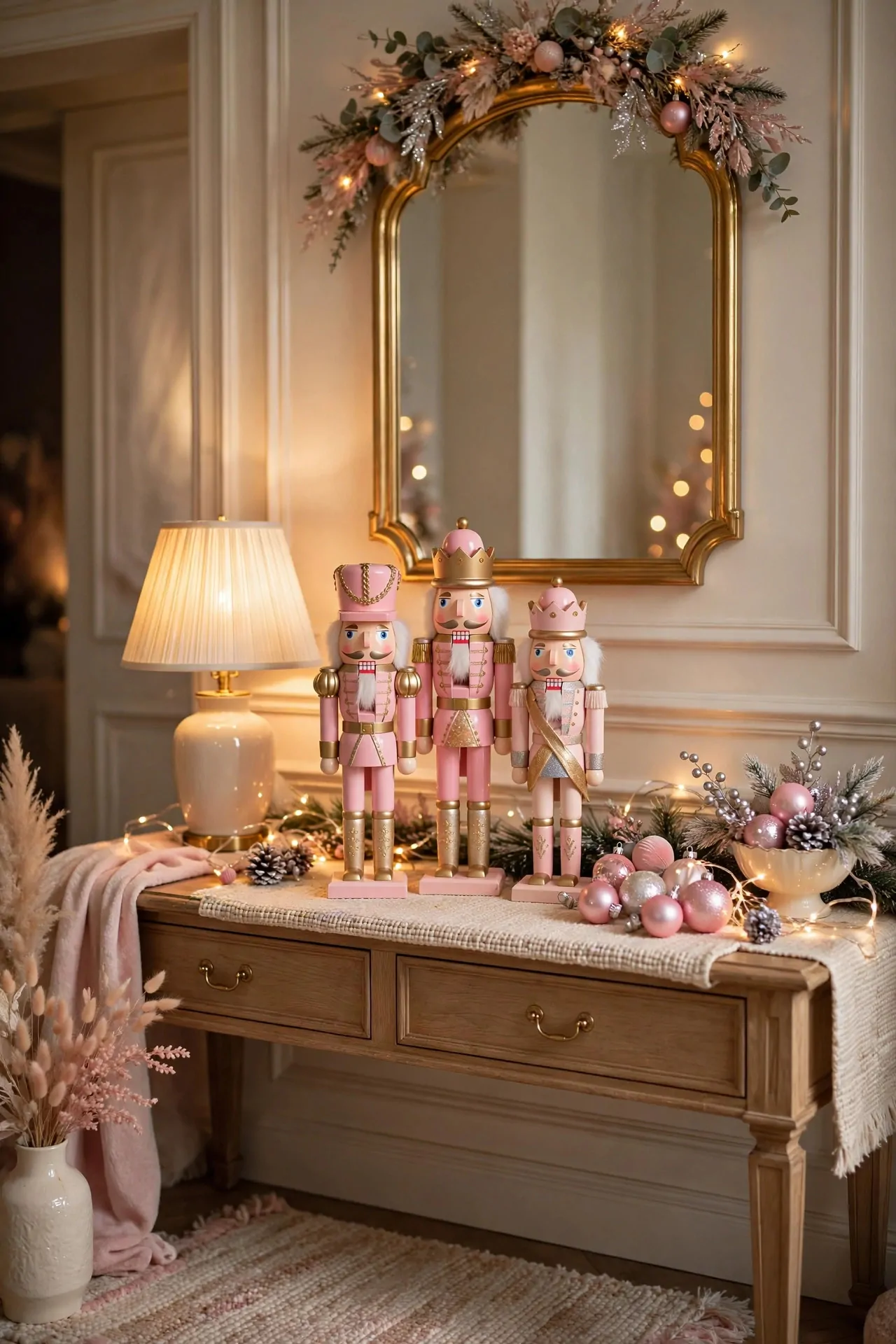 21 Pink Christmas Decor Ideas (Trees, Mantels and More) 19 Pink nutcracker figurines with pink and gold details on a console table