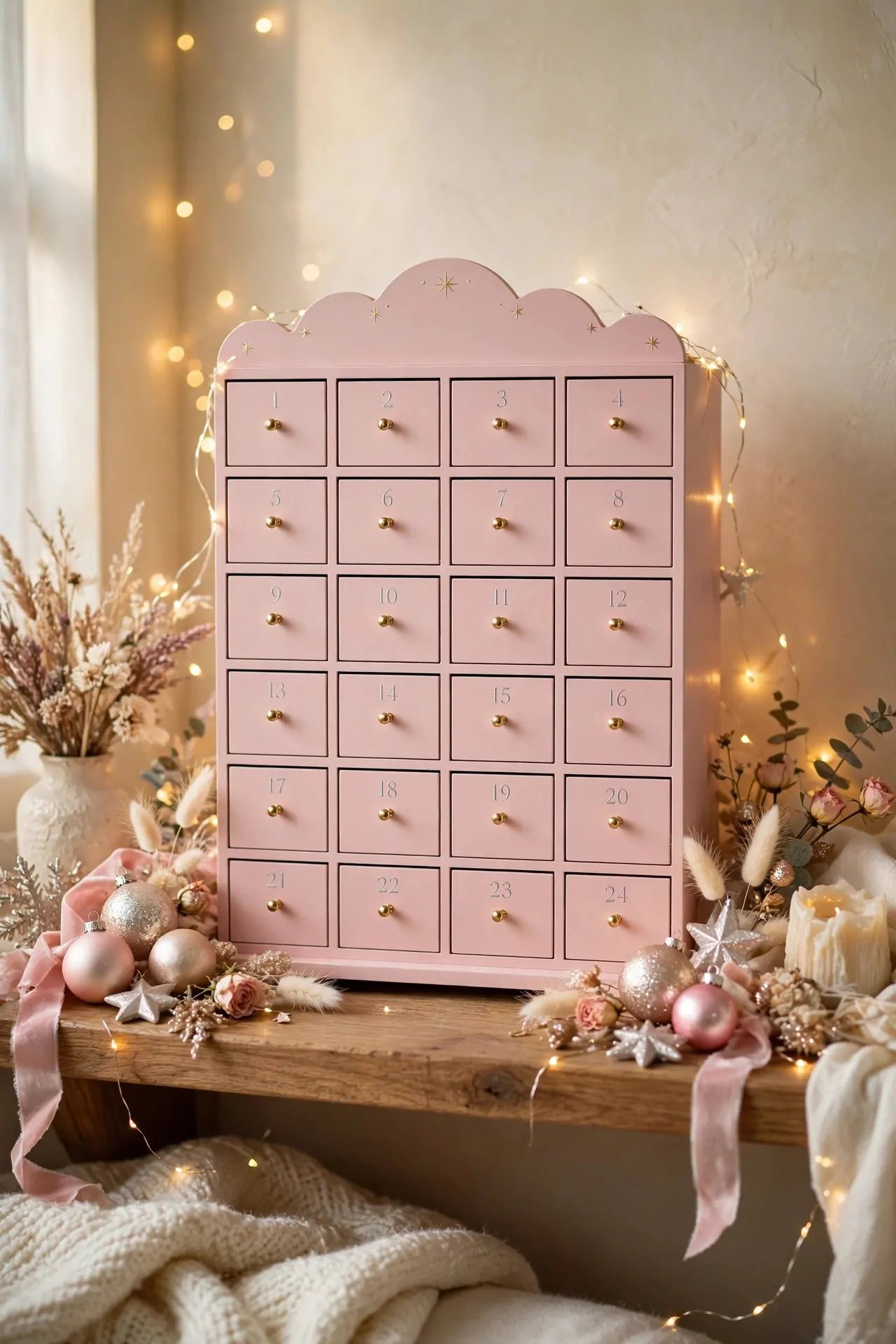 21 Pink Christmas Decor Ideas (Trees, Mantels and More) 20 Pink advent calendar with small numbered pink drawers styled on a shelf