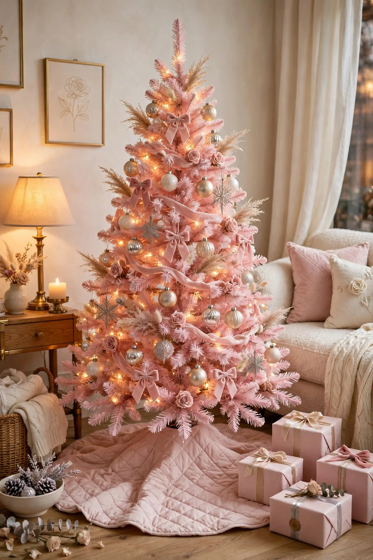 21 Pink Christmas Decor Ideas (Trees, Mantels and More) 21 Blush pink quilted Christmas tree skirt at the base of a decorated tree