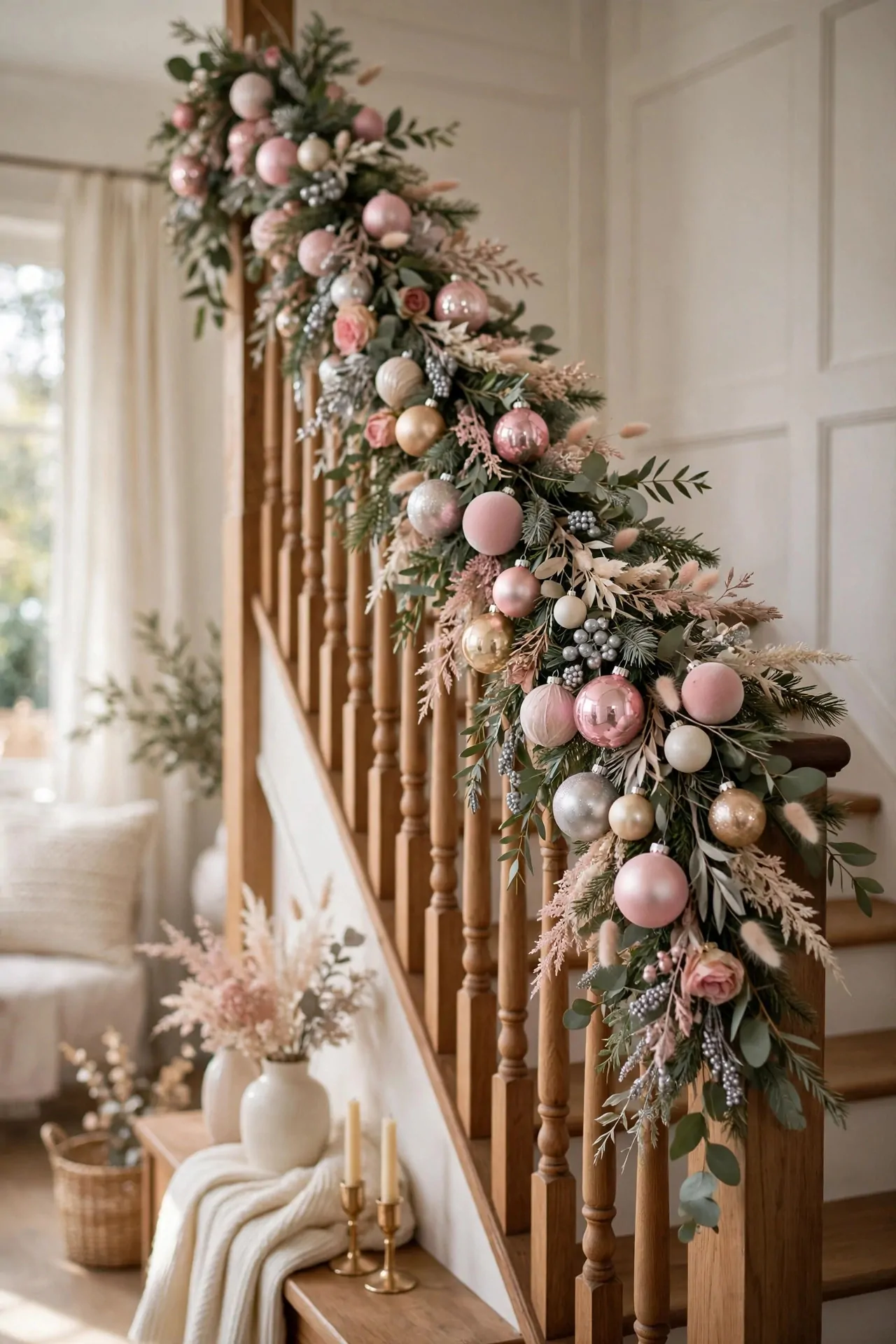 21 Pink Christmas Decor Ideas (Trees, Mantels and More) 22 Pink Christmas garland with pink baubles draped over a staircase railing