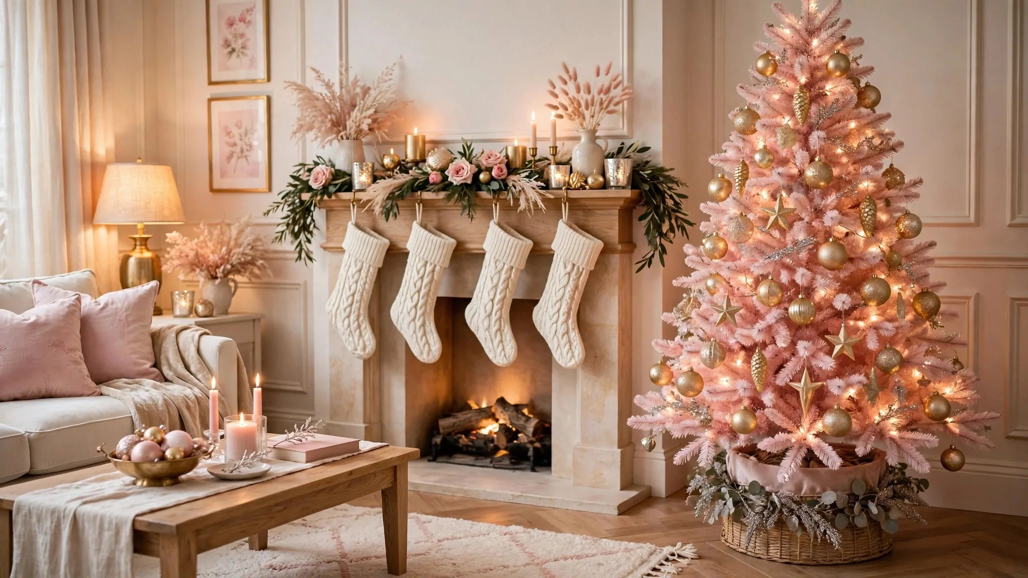 Blush pink Christmas tree with champagne gold ornaments and ivory stockings in an elegant living room