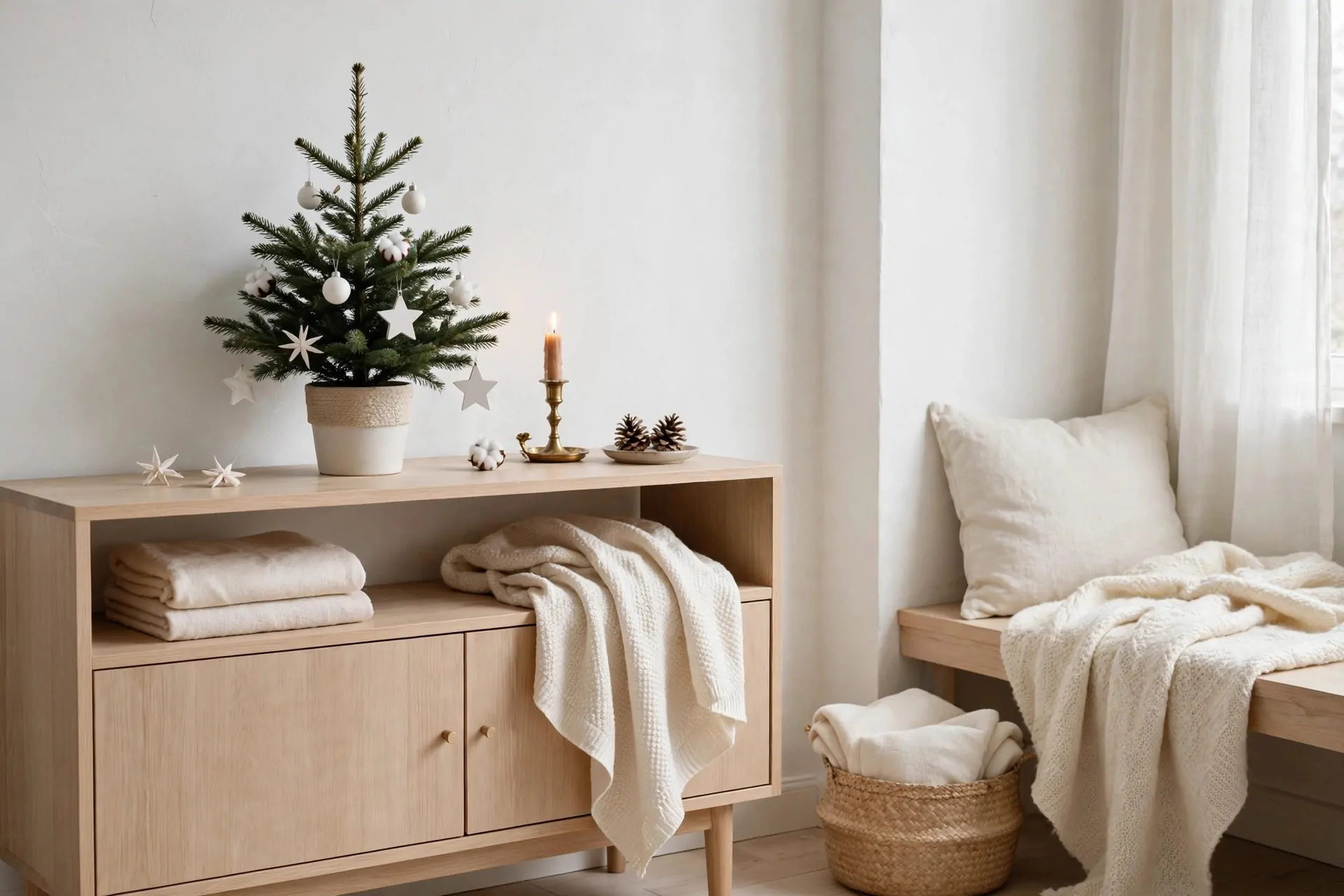 22 Scandinavian Christmas Decor Ideas (Cozy Nordic Style) 2 Scandinavian Christmas living room corner in white and pale wood tones with a small minimally decorated tree and brass candlestick